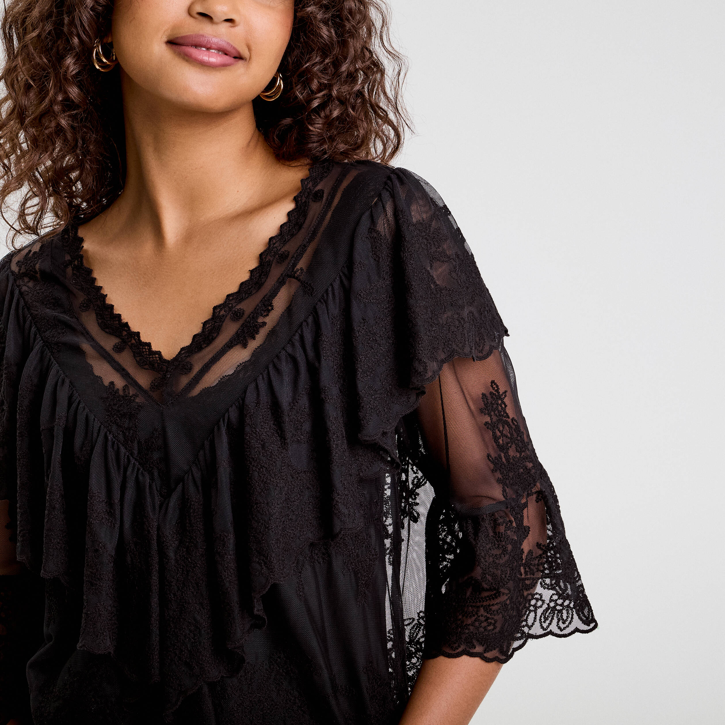 Blouse manches 3/4 dentelle noir femme
