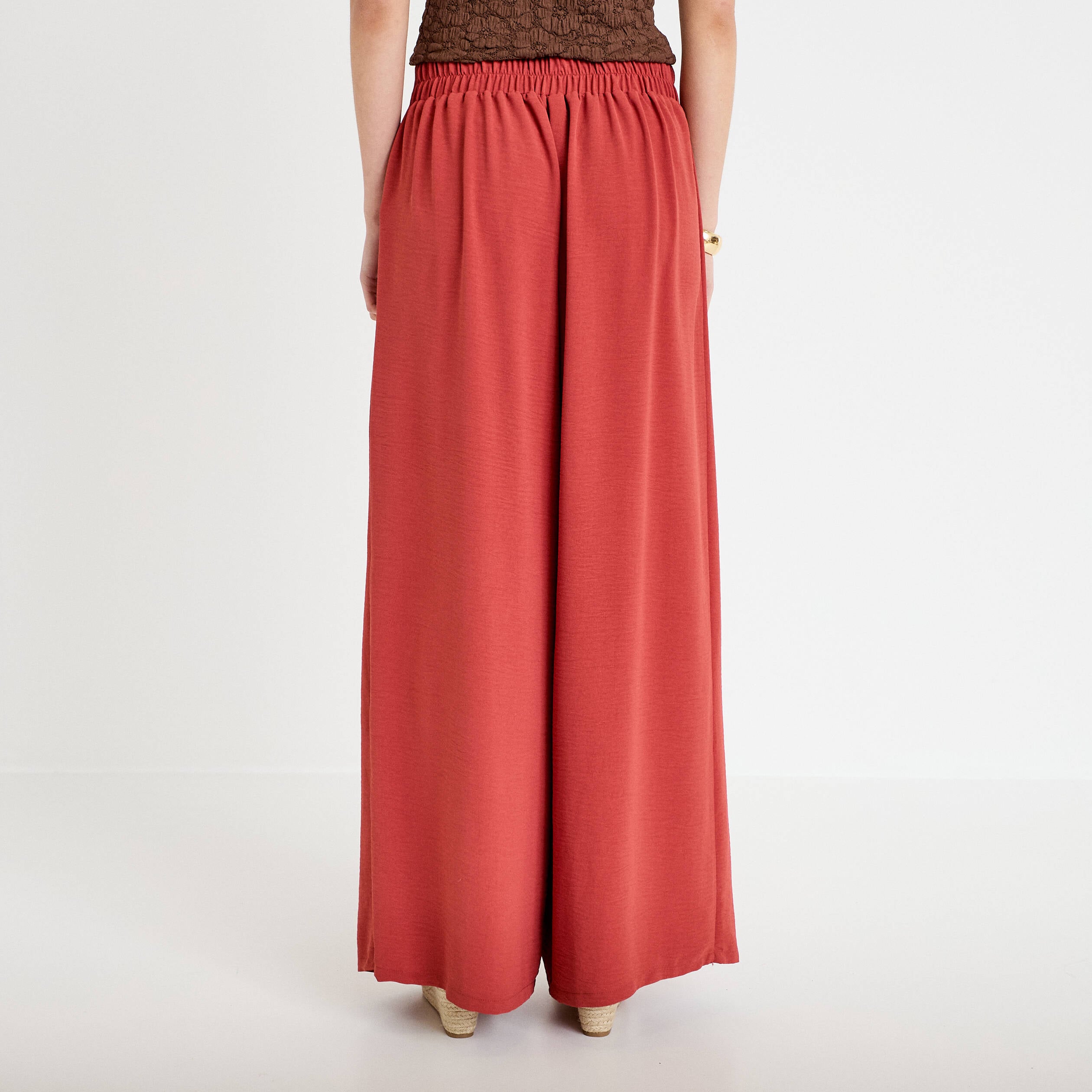 Pantalon large taille haute fluide vieux rose femme