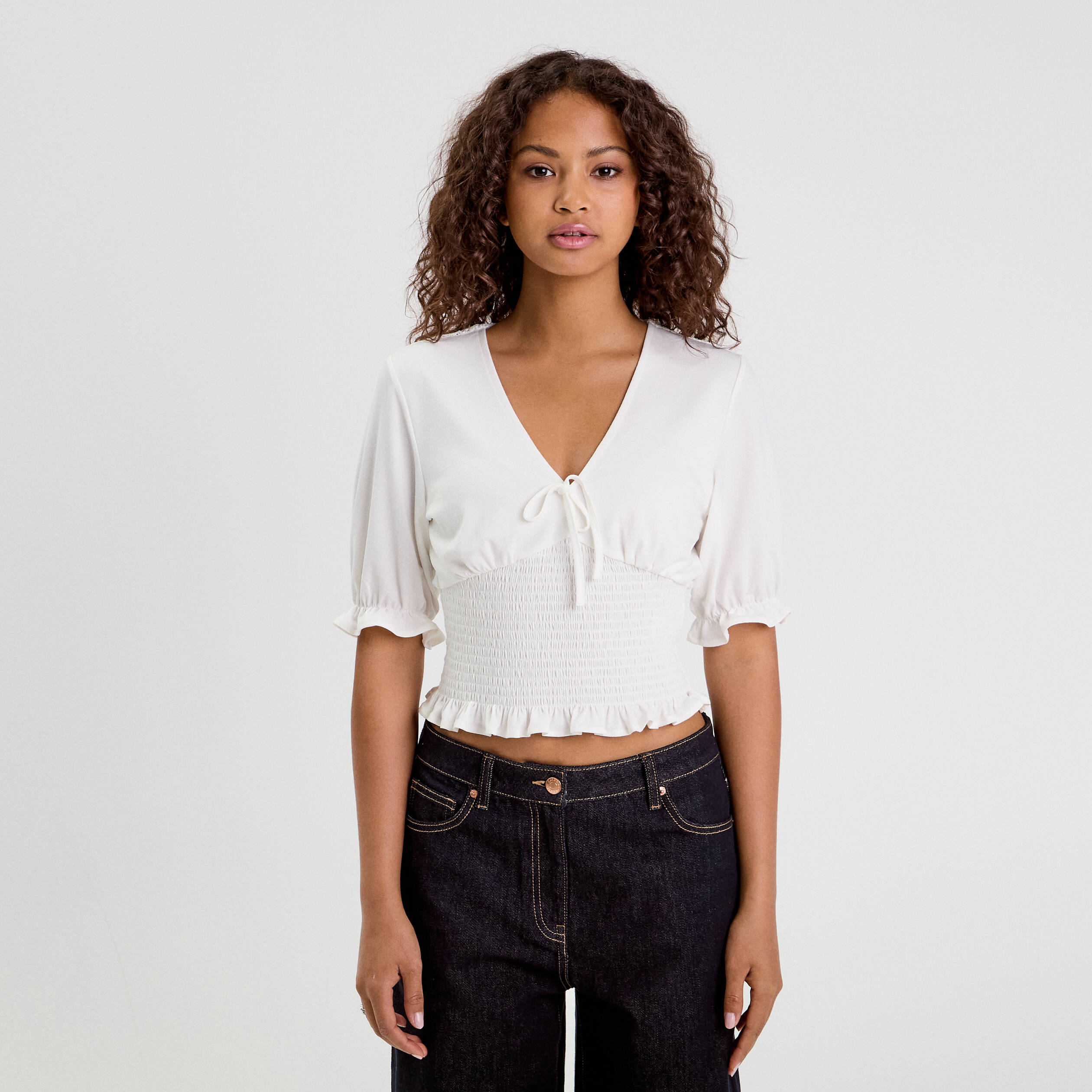 blouse manches courtes smockee blanc femme Blouse manches courtes smockée blanc femme