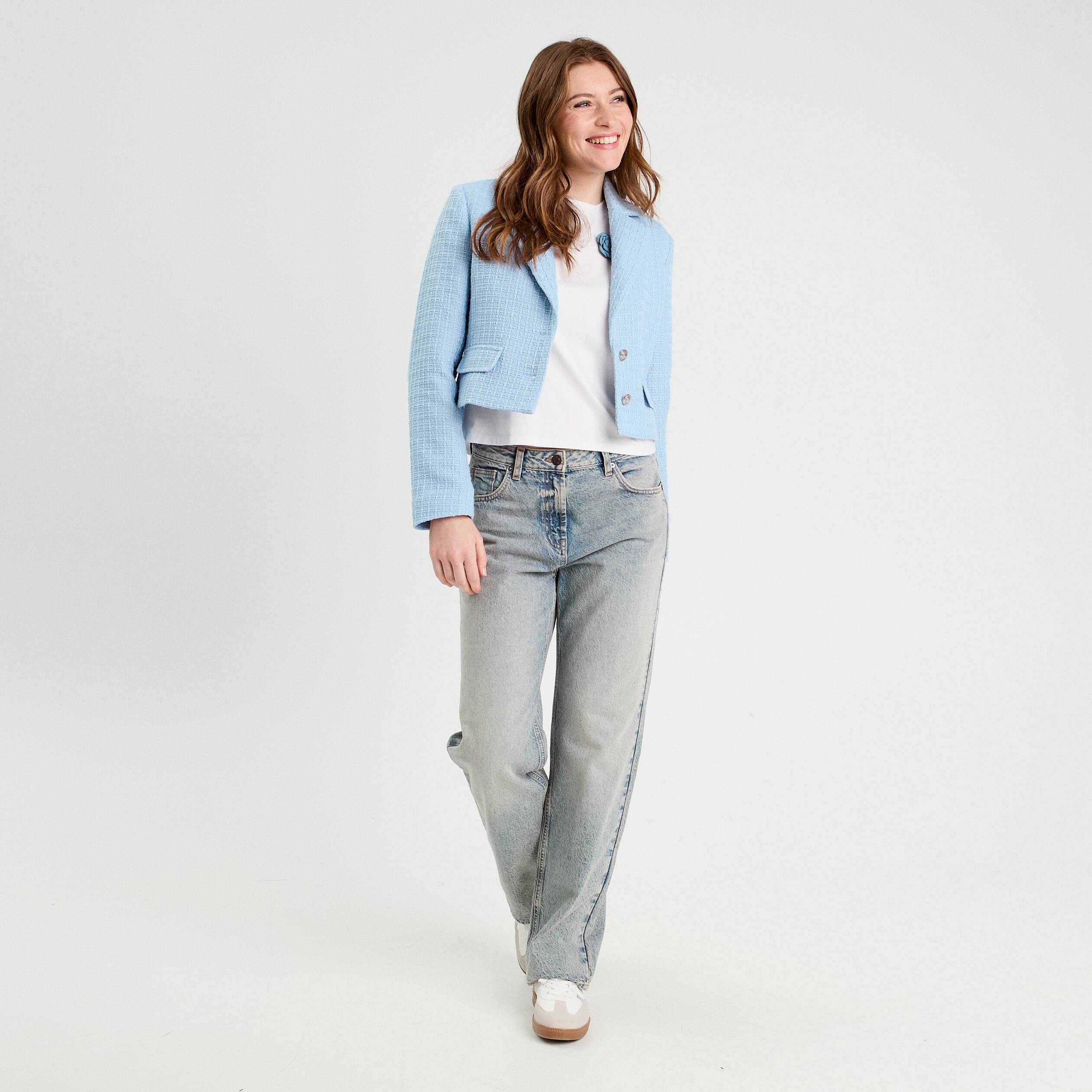 Jeans droit 5 poches denim bleach femme