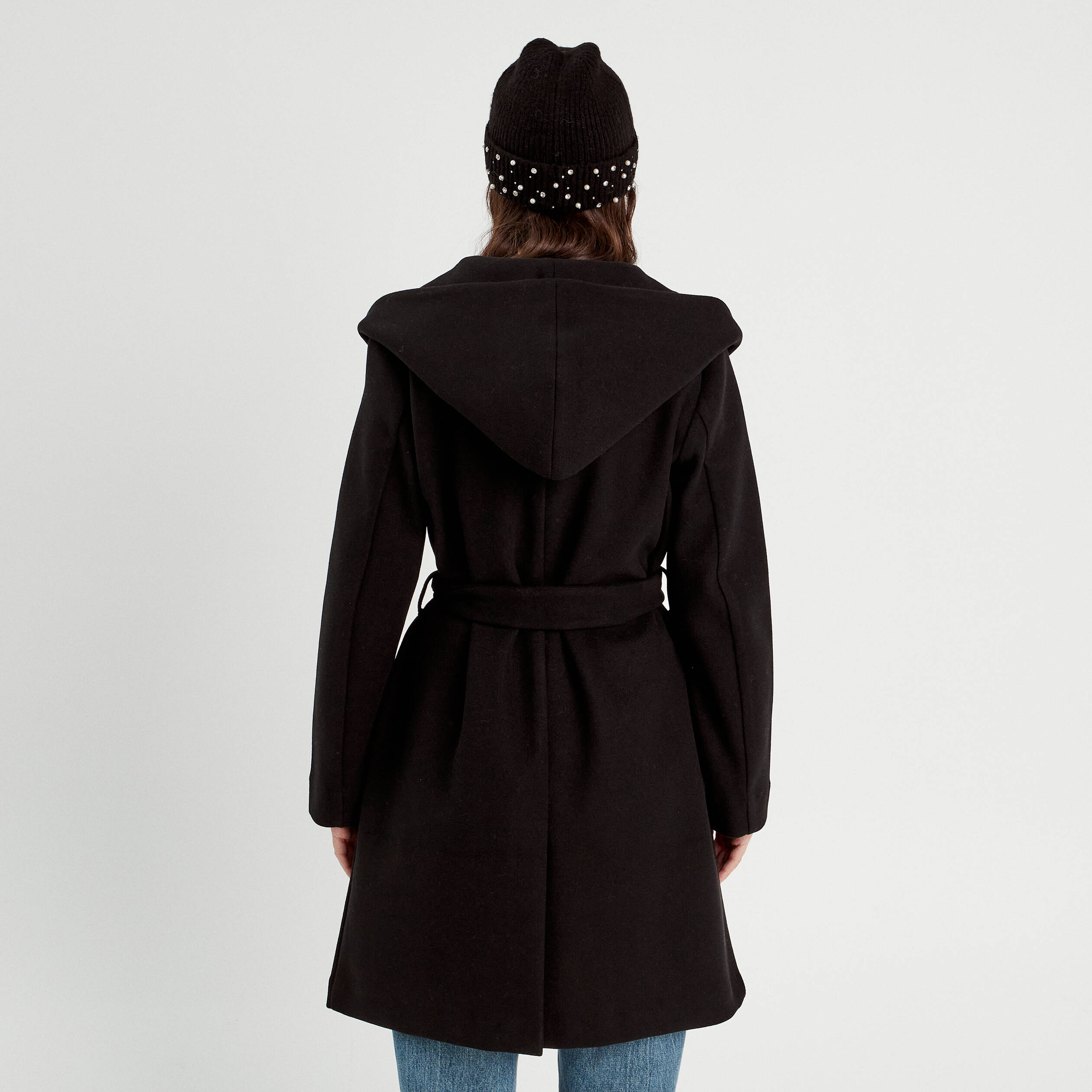 manteau ceinture a capuche noir femme Manteau ceinturé à capuche noir femme