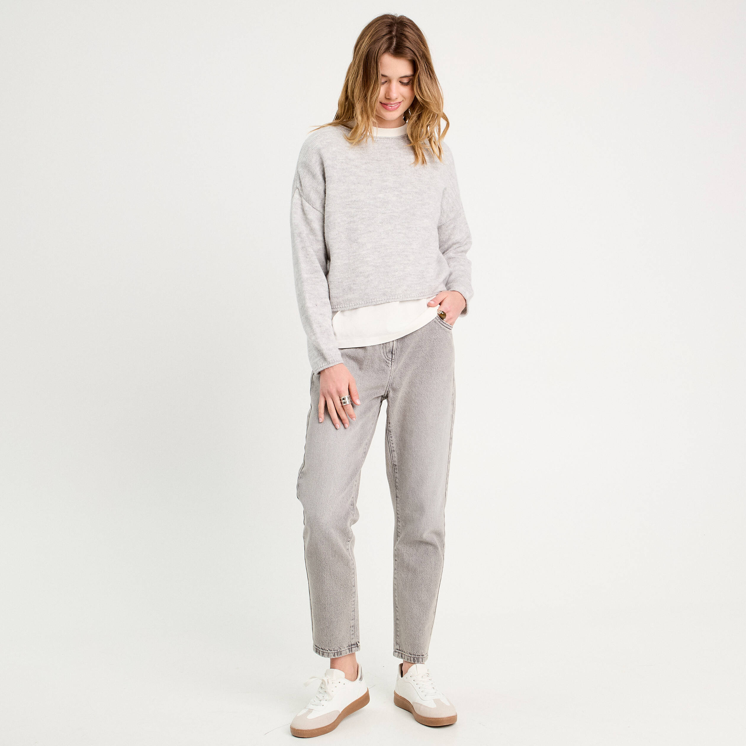 jeans mom taille haute denim gris femme Jeans mom taille haute denim gris femme