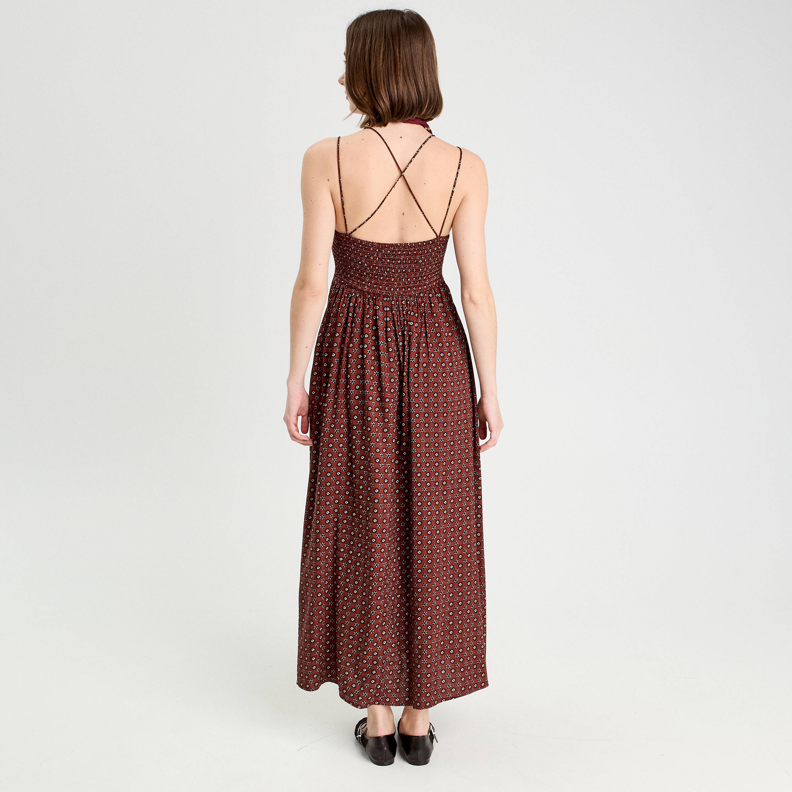 robe longue evasee bretelles marron cognac femme Robe longue évasée bretelles marron cognac femme
