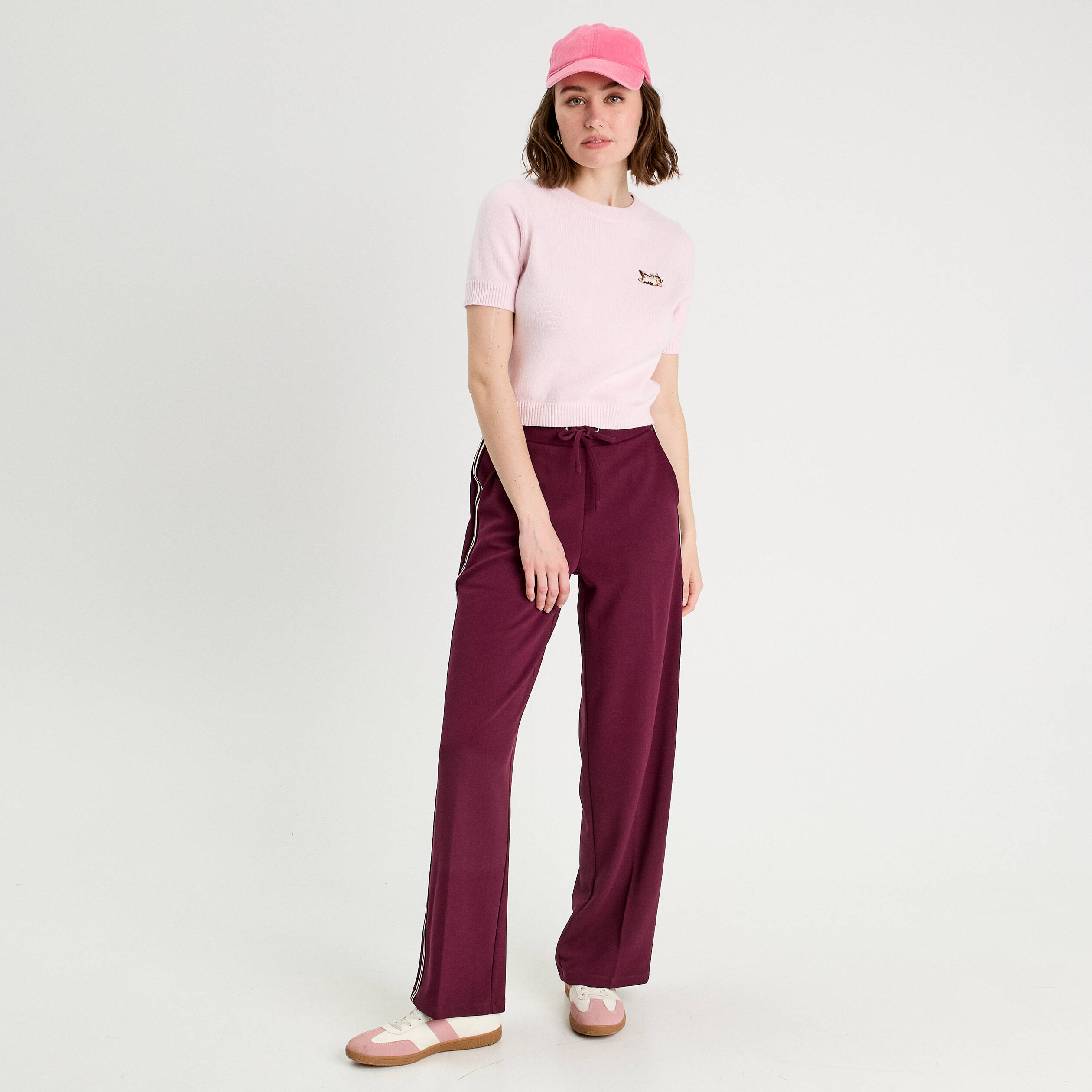 pantalon large avec bandes prune femme Pantalon large avec bandes prune femme