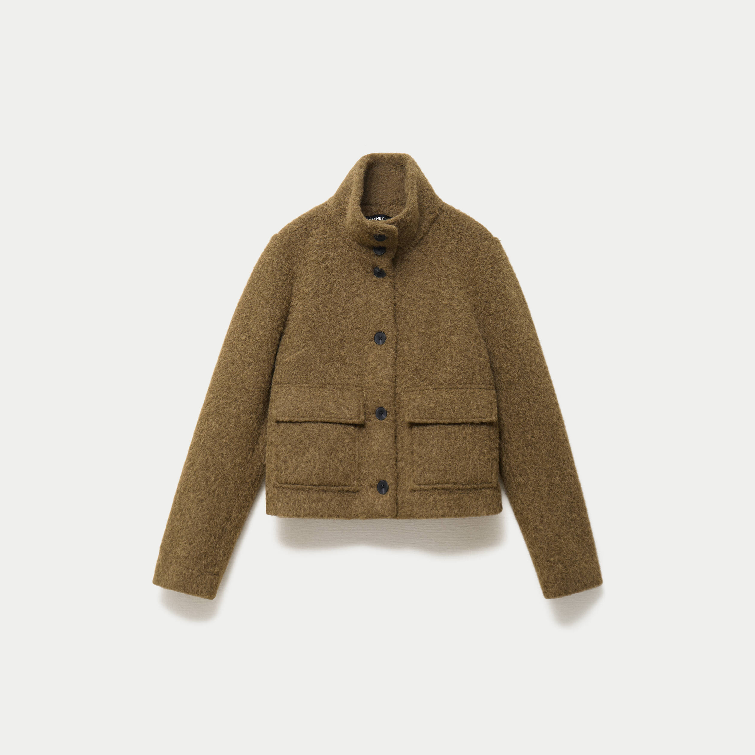 Veste droite bouclette col montant vert kaki femme
