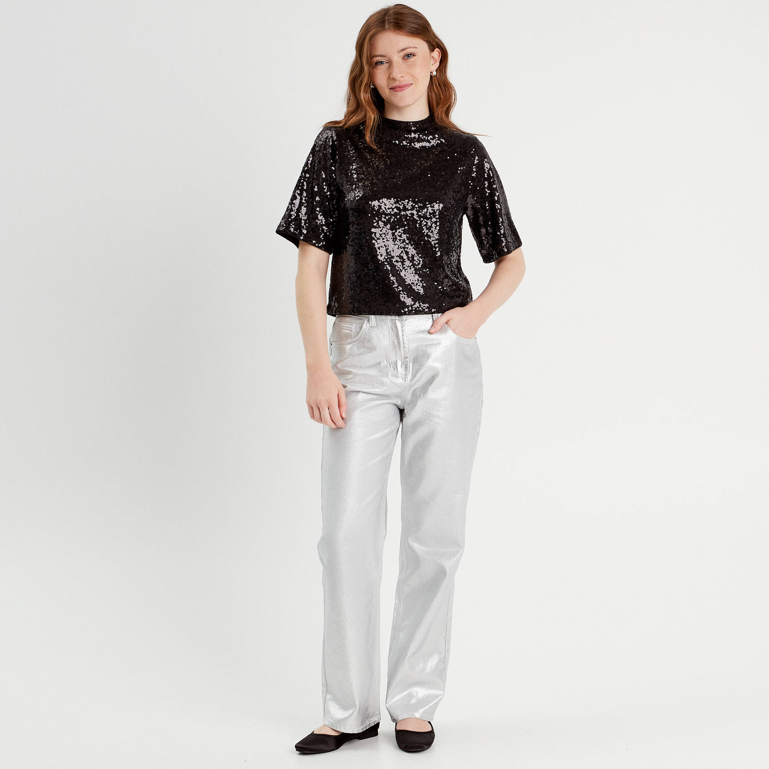 T-shirt sequins col montant noir femme
