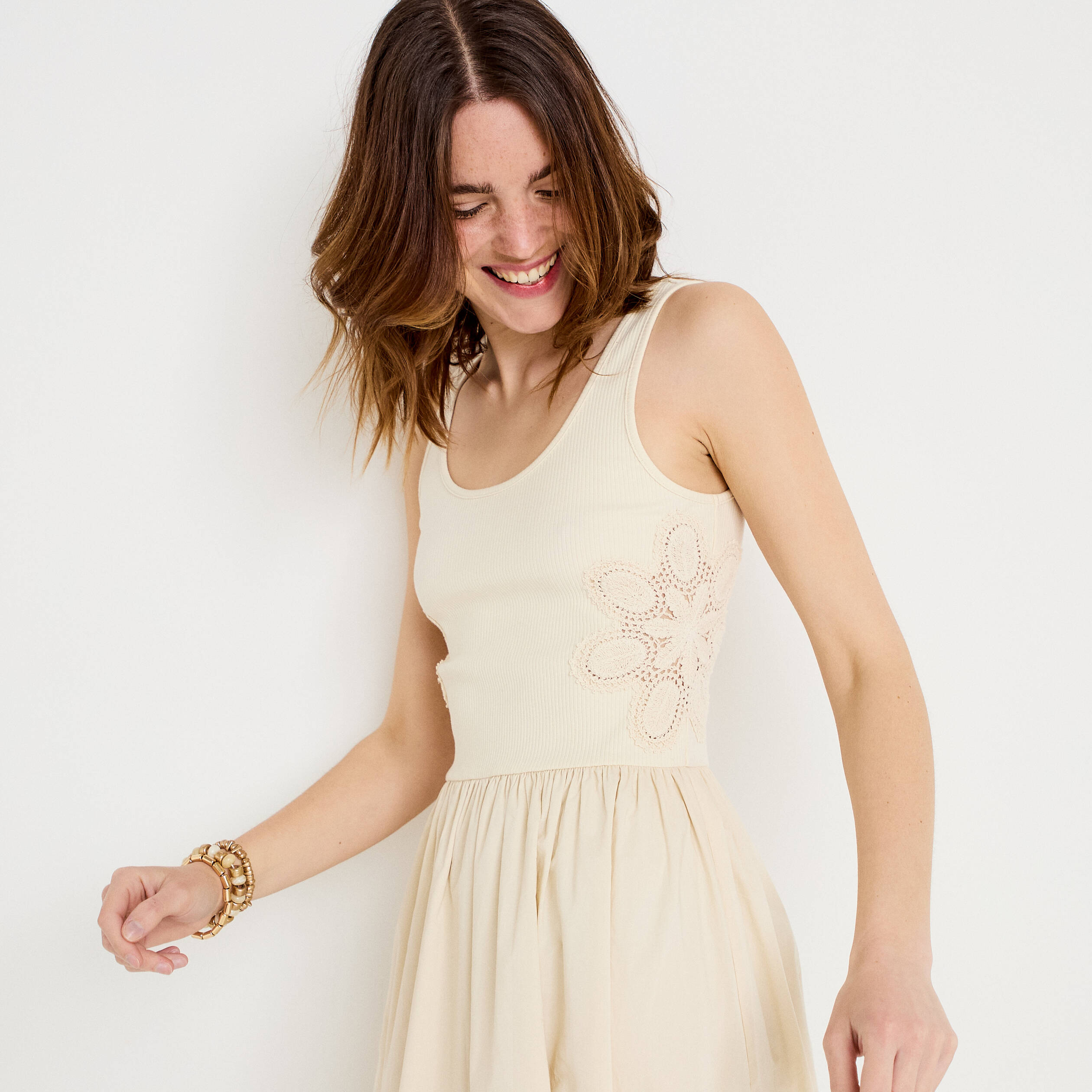 Robe longue &eacute;vas&eacute;e bi-mati&egrave;re ecru femme