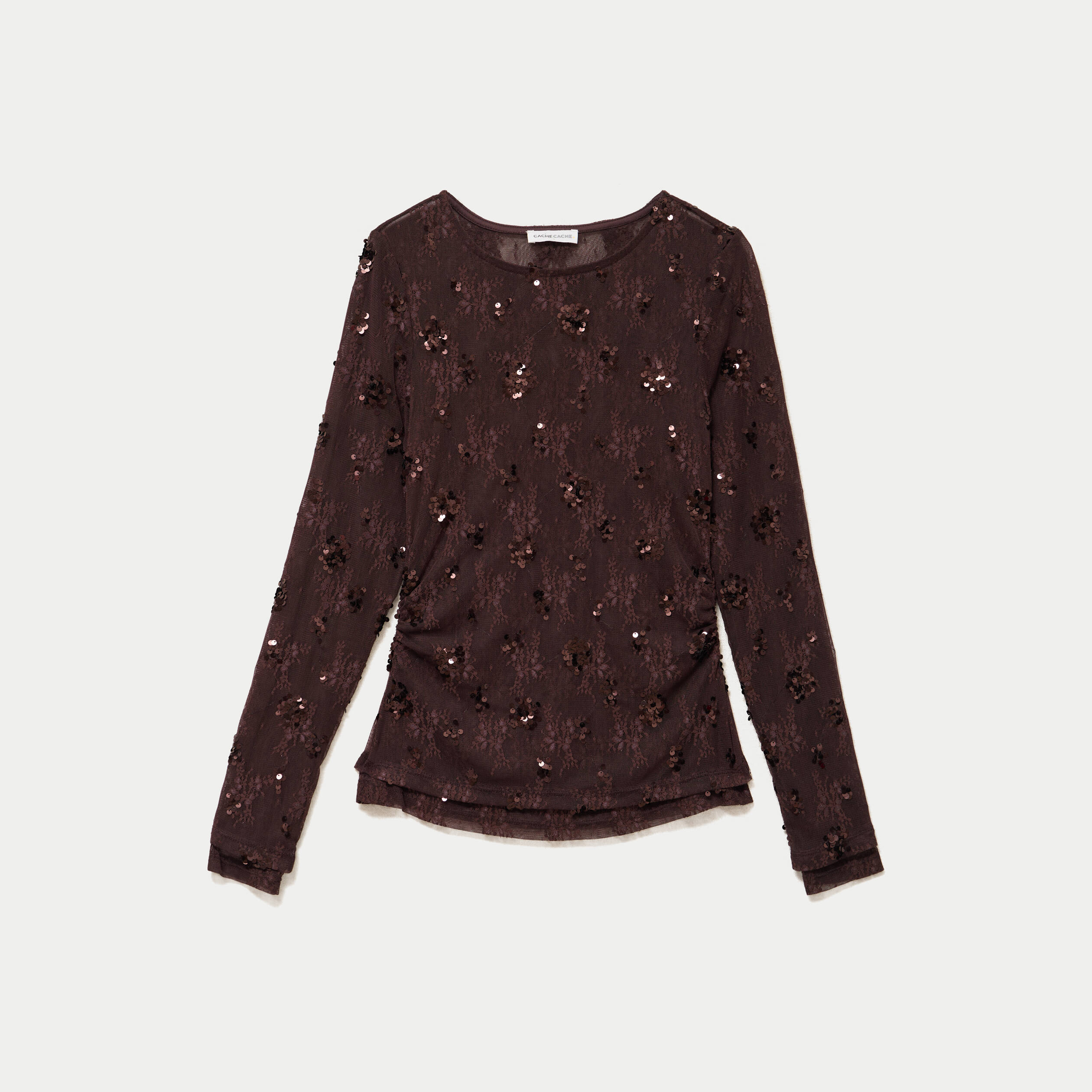 T-shirt ajust&eacute; col rond brod&eacute; perles marron fonc&eacute; femme