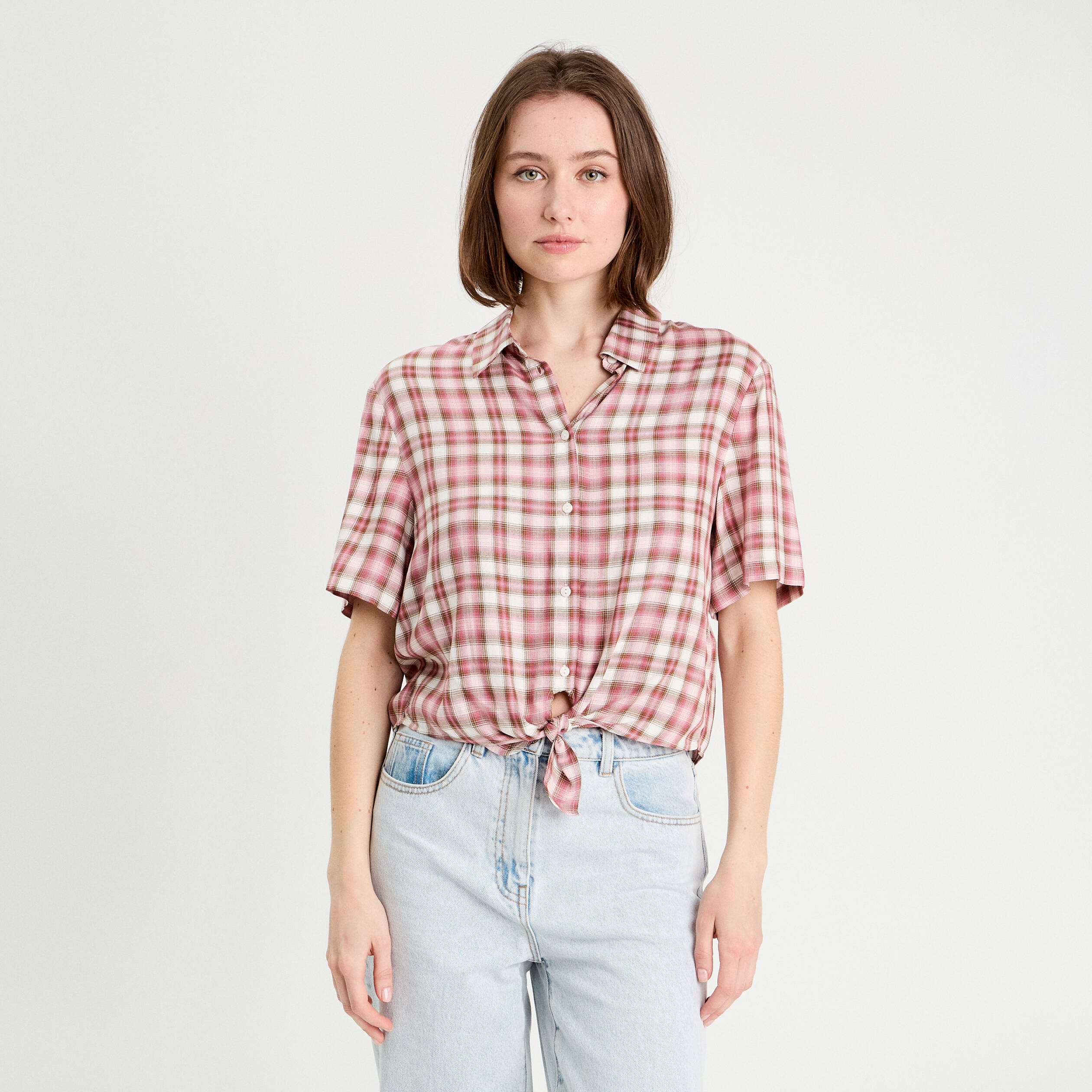 Chemise manches courtes nouée rose femme
