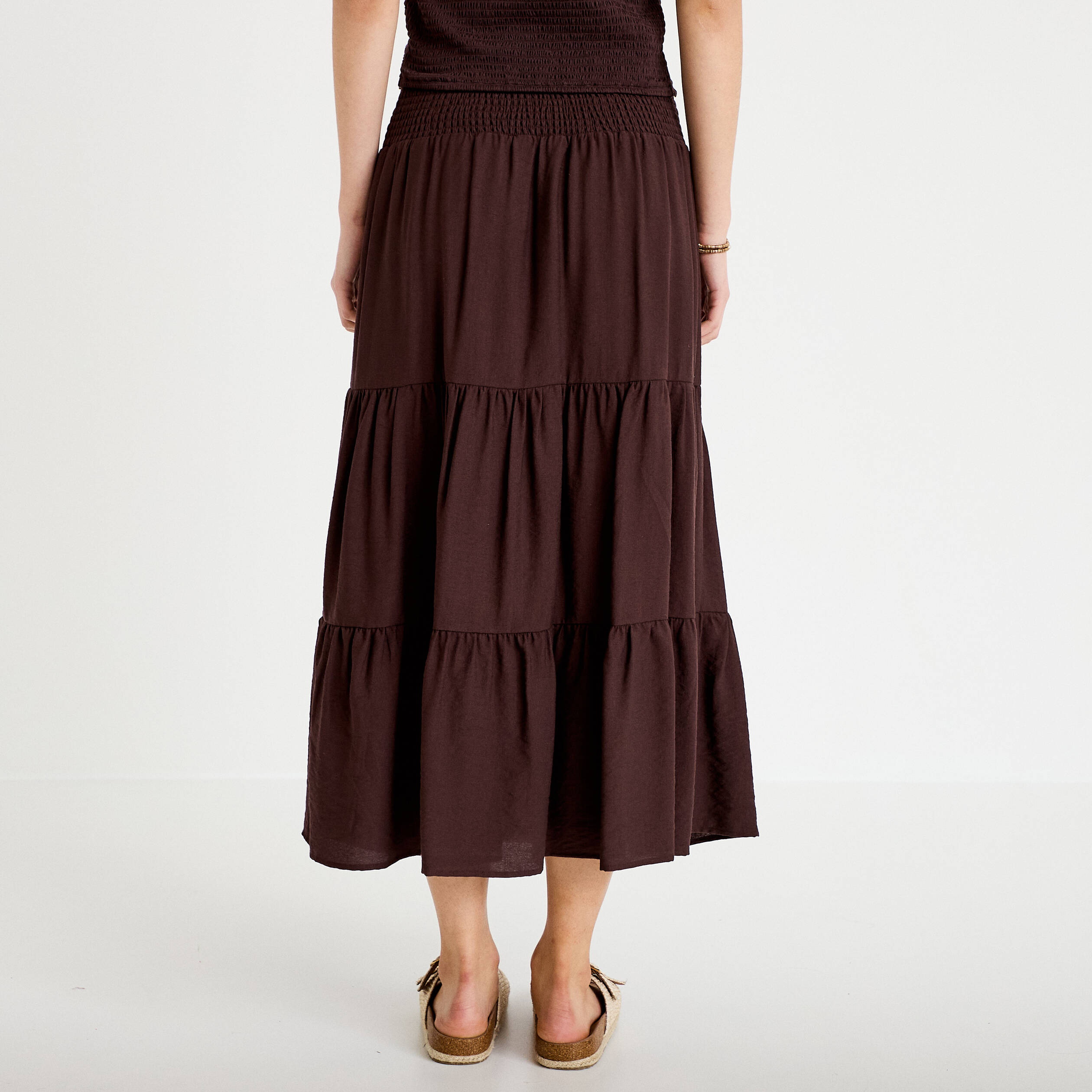 Jupon &eacute;vas&eacute; taille haute marron fonc&eacute; femme