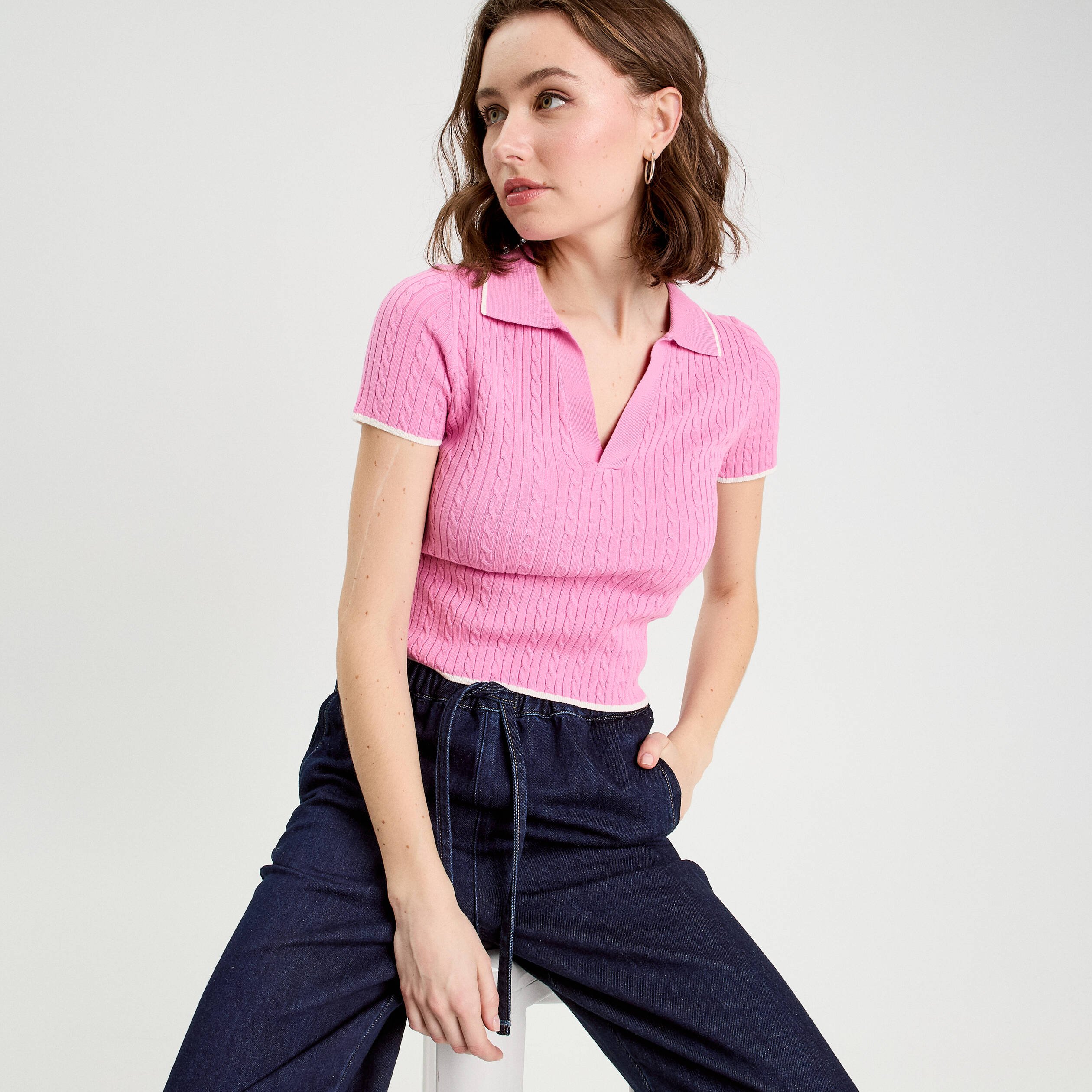 Top col polo manches courtes rose femme
