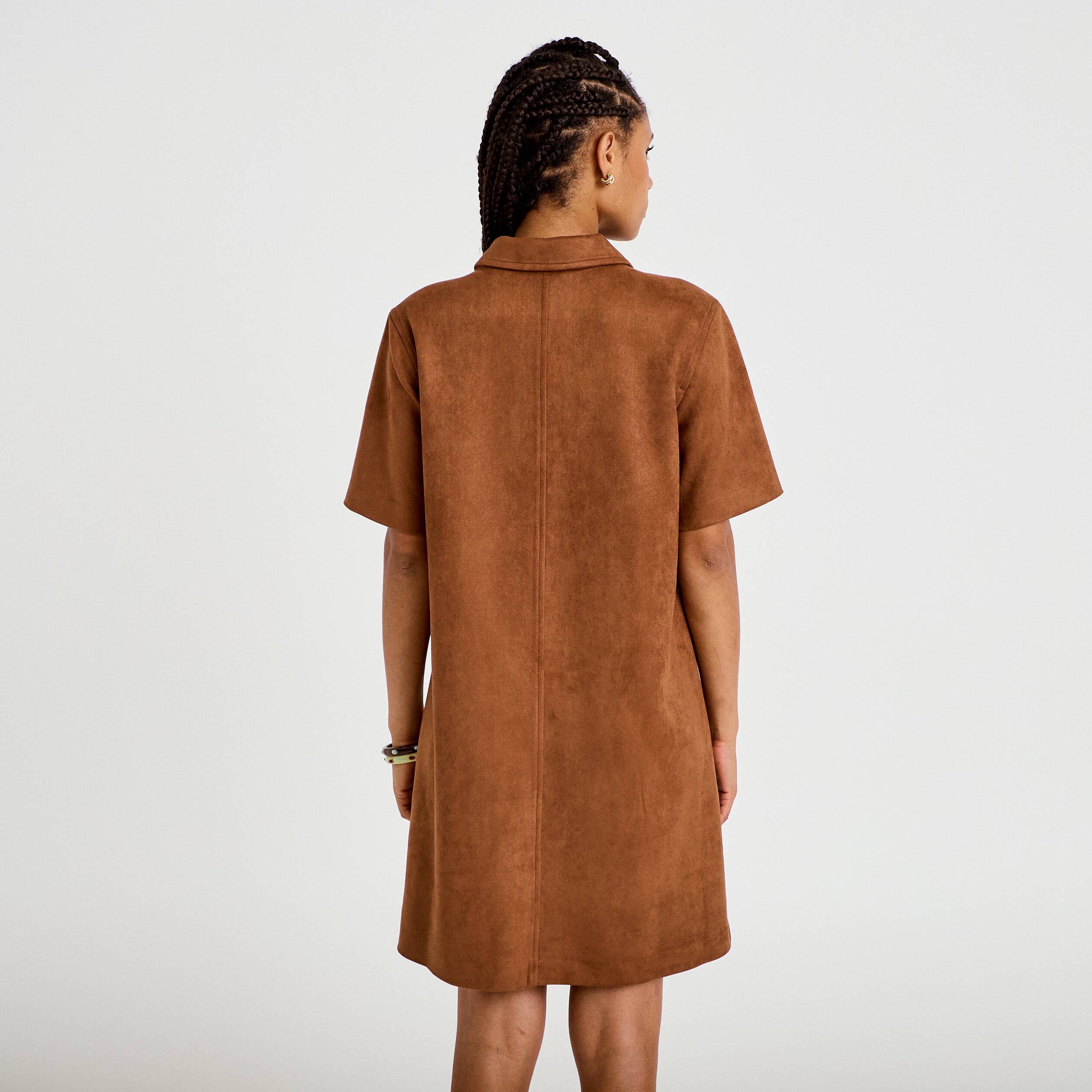 Robe droite 3/4 manches courtes daim marron femme