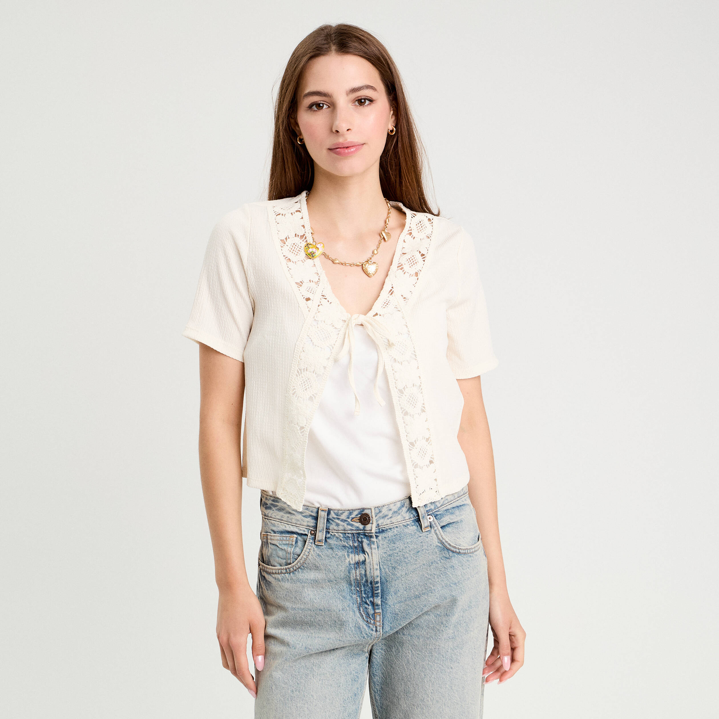 blouse manches courtes nouee ecru femme Blouse manches courtes nouée ecru femme