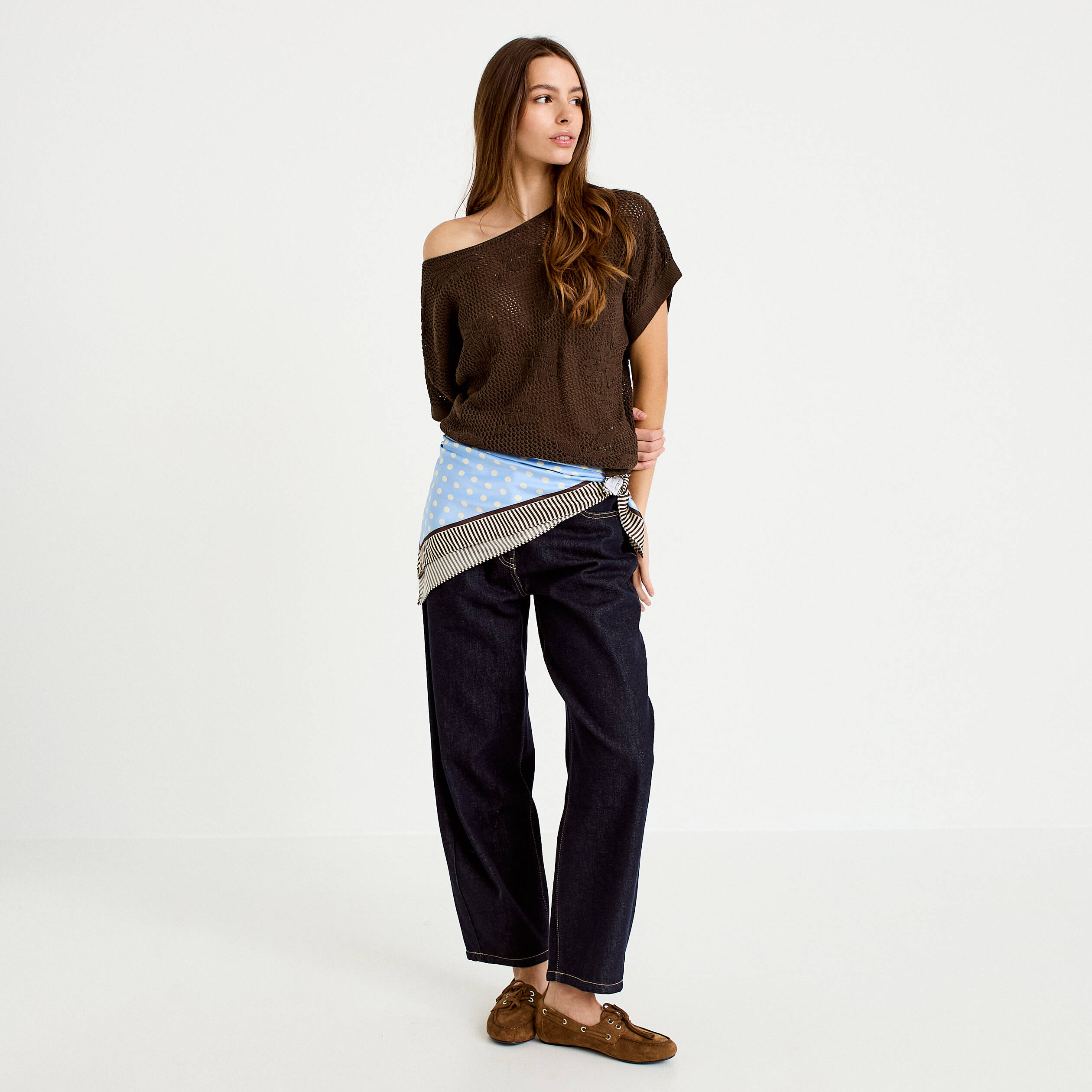 Pull ajour&eacute; col bateau manches courtes marron fonc&eacute; femme