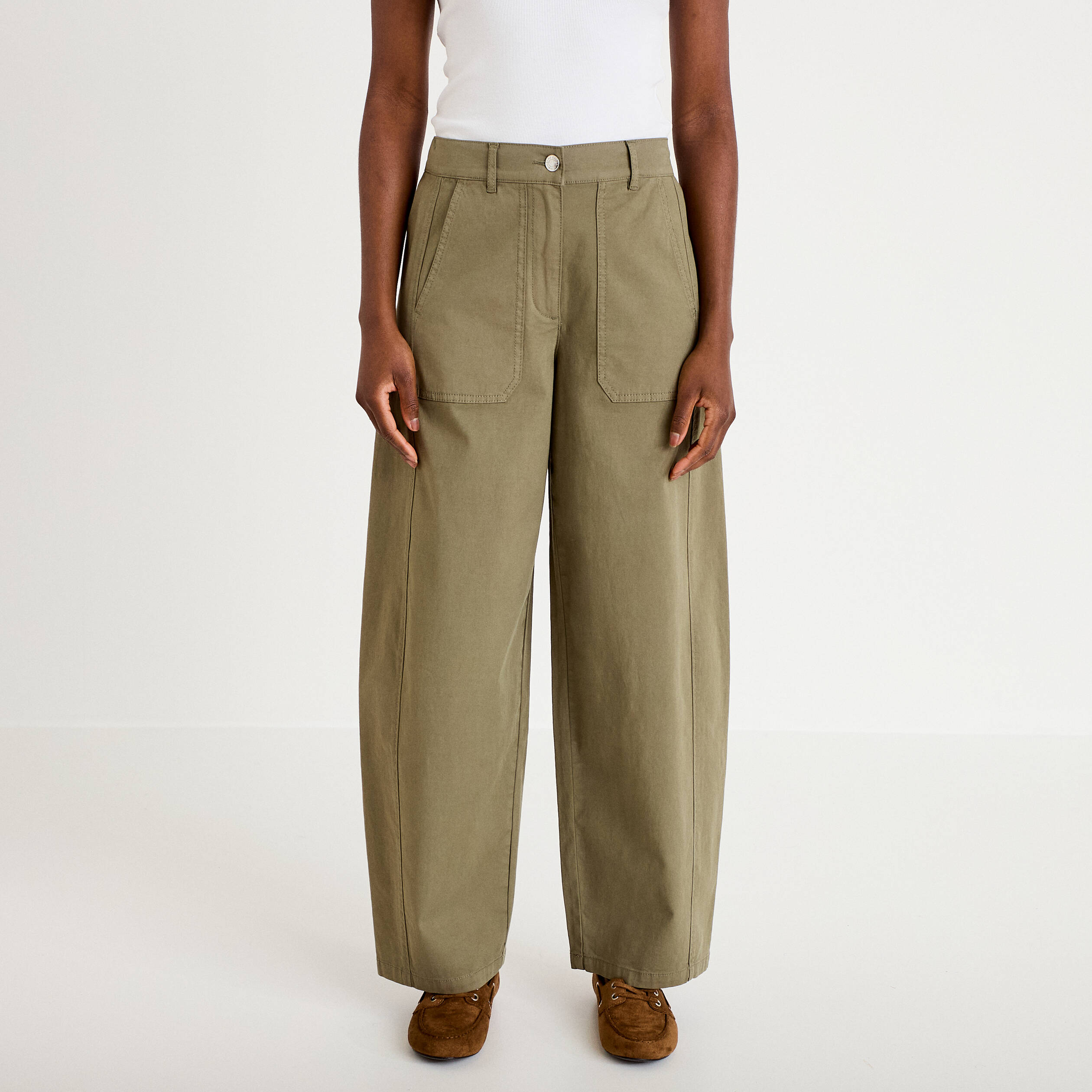 Pantalon barrel taille haute vert kaki femme