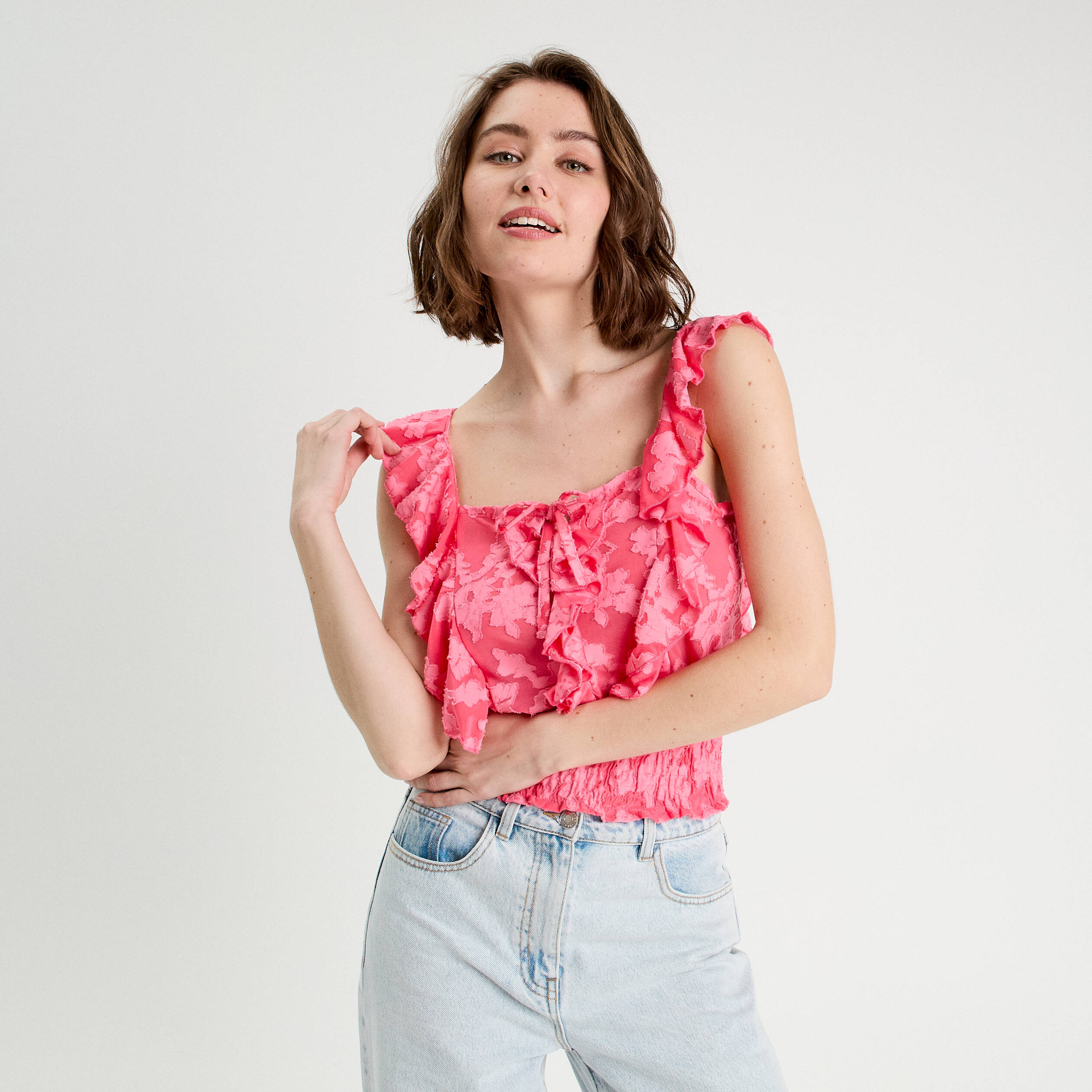 debardeur sans manches volants rose femme Débardeur sans manches volants rose femme