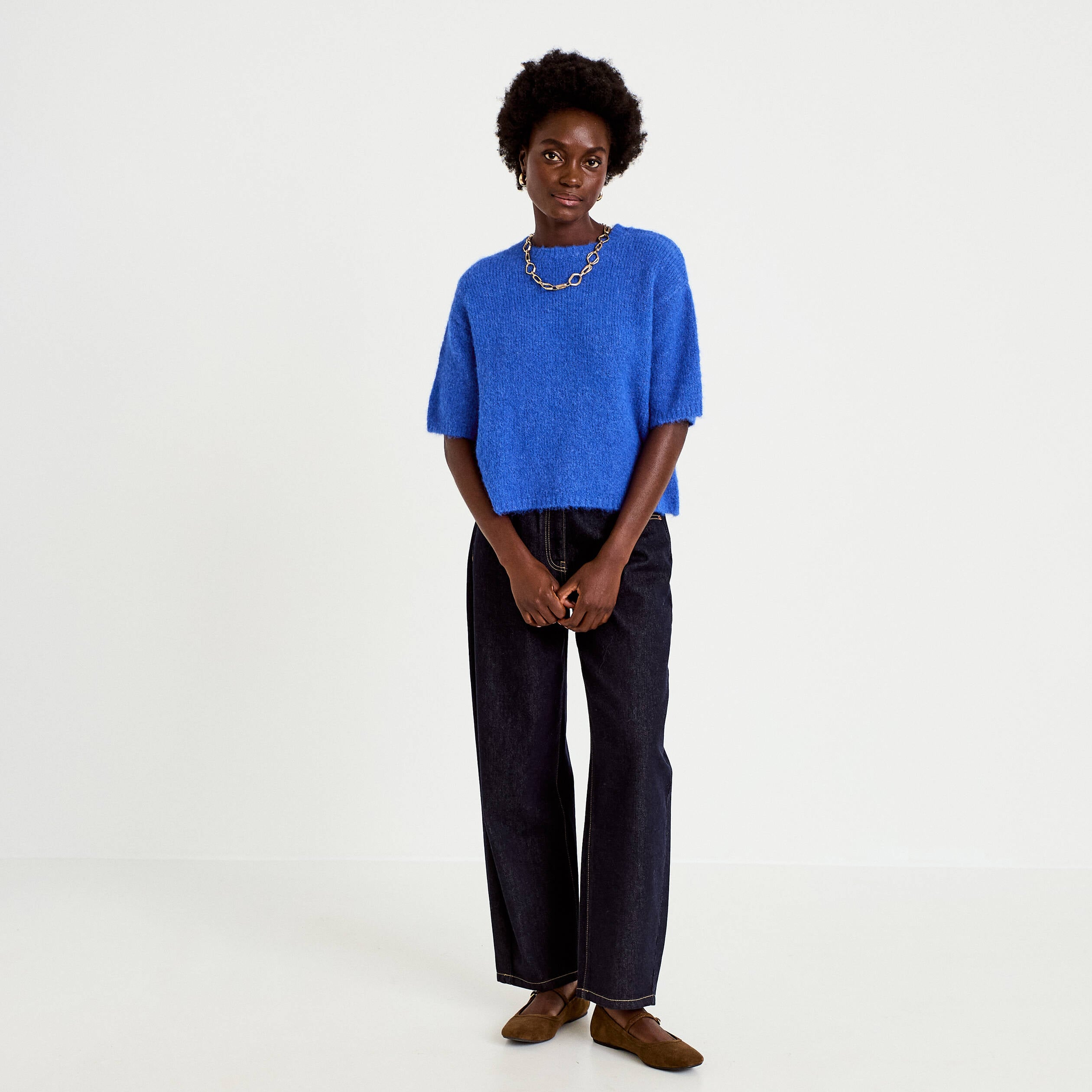 Pull col rond manches courtes bleu electrique femme