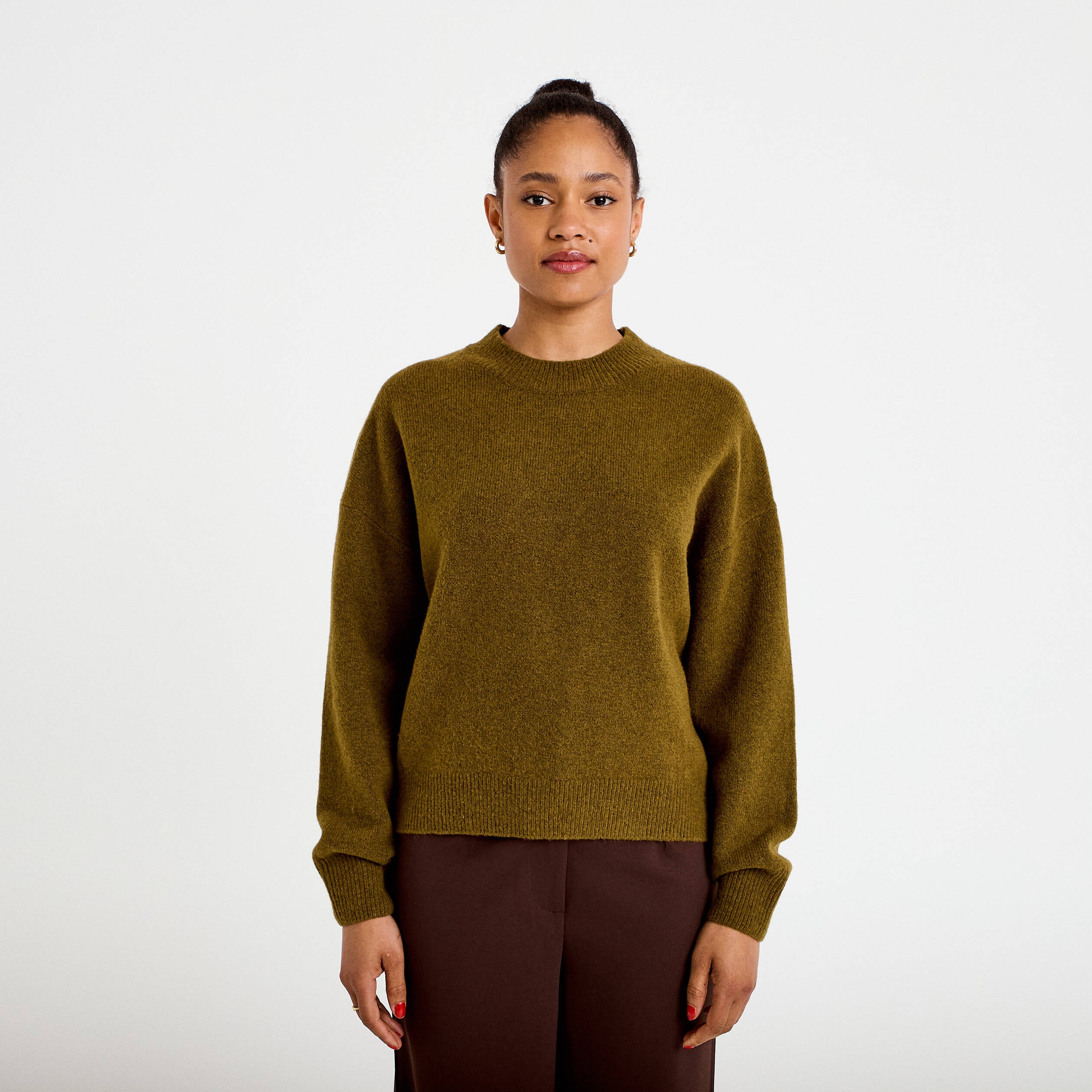Pull col rond vert olive femme