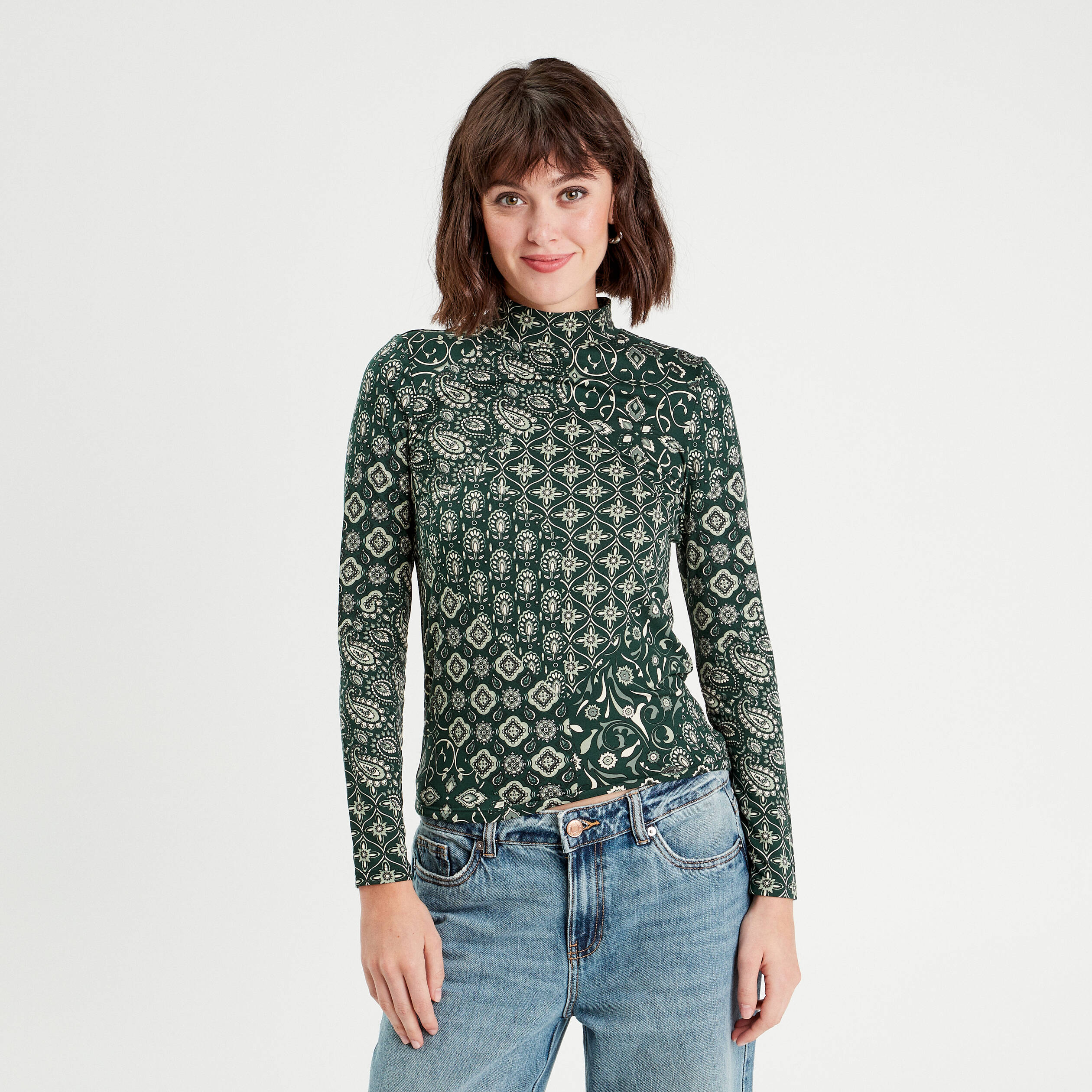 t shirt col montant vert femme T-shirt col montant vert femme