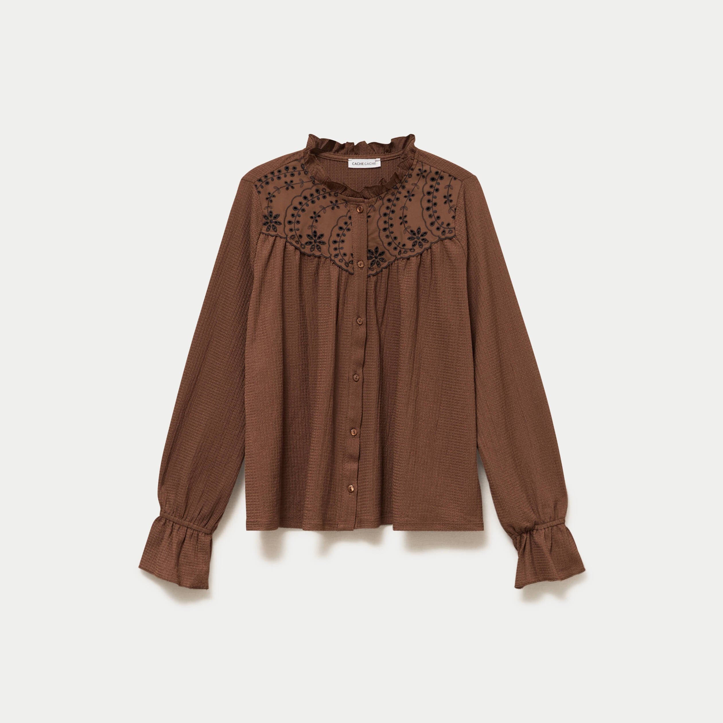 Blouse droite manches longues pliss&eacute;e marron femme