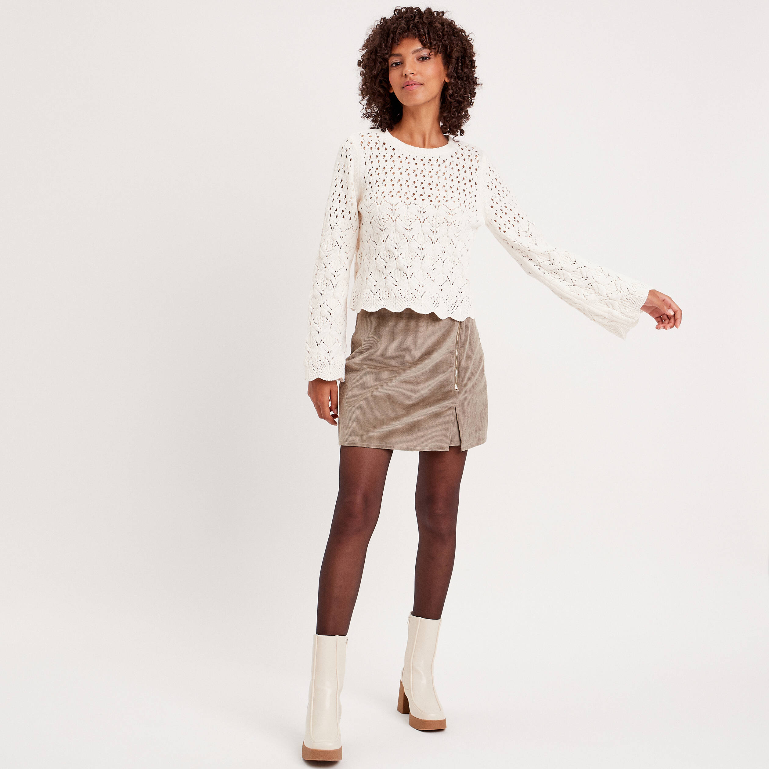 Pull ajouré avec bord festonné ivoire femme | Vibs