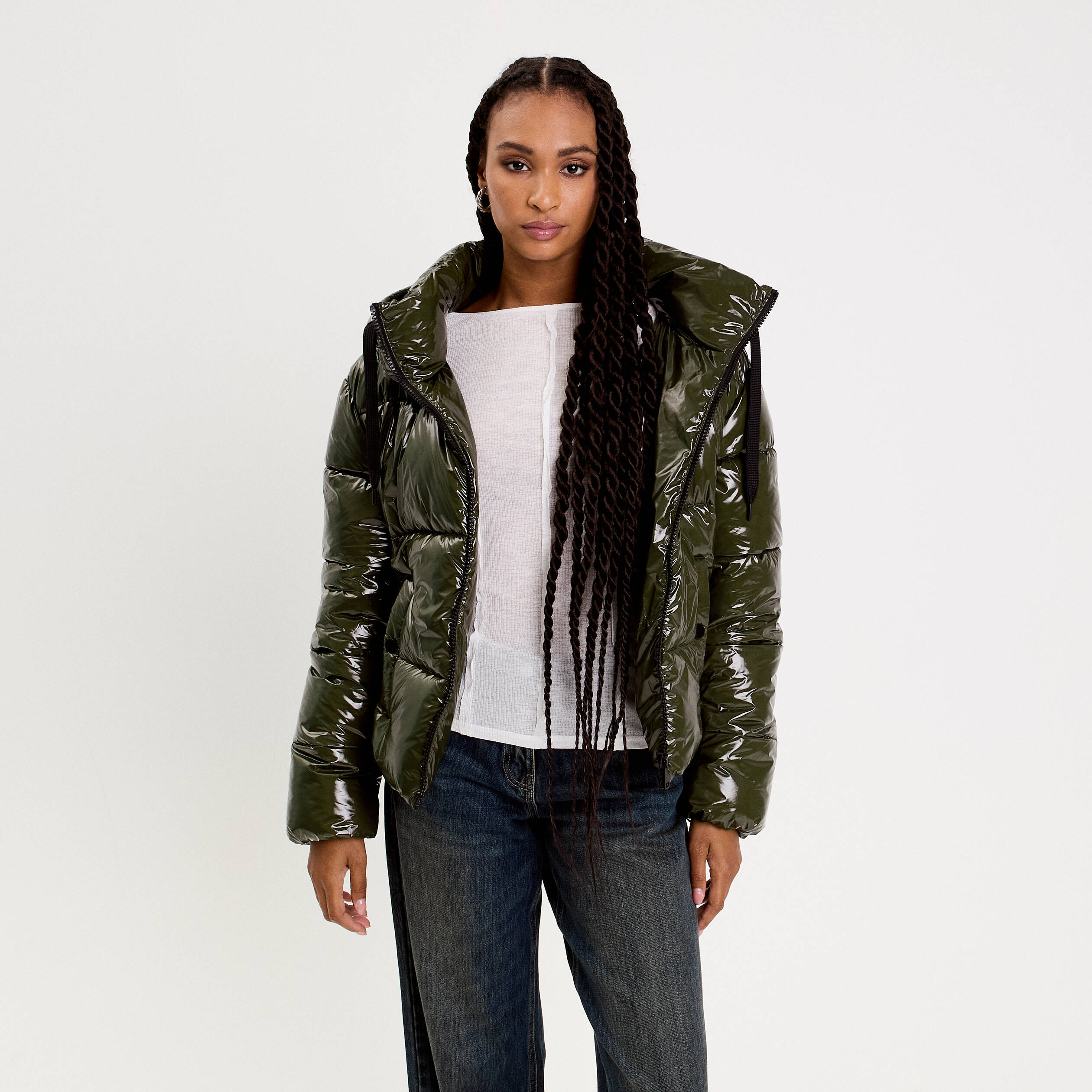 Doudoune vinyle à capuche vert kaki femme Vibs