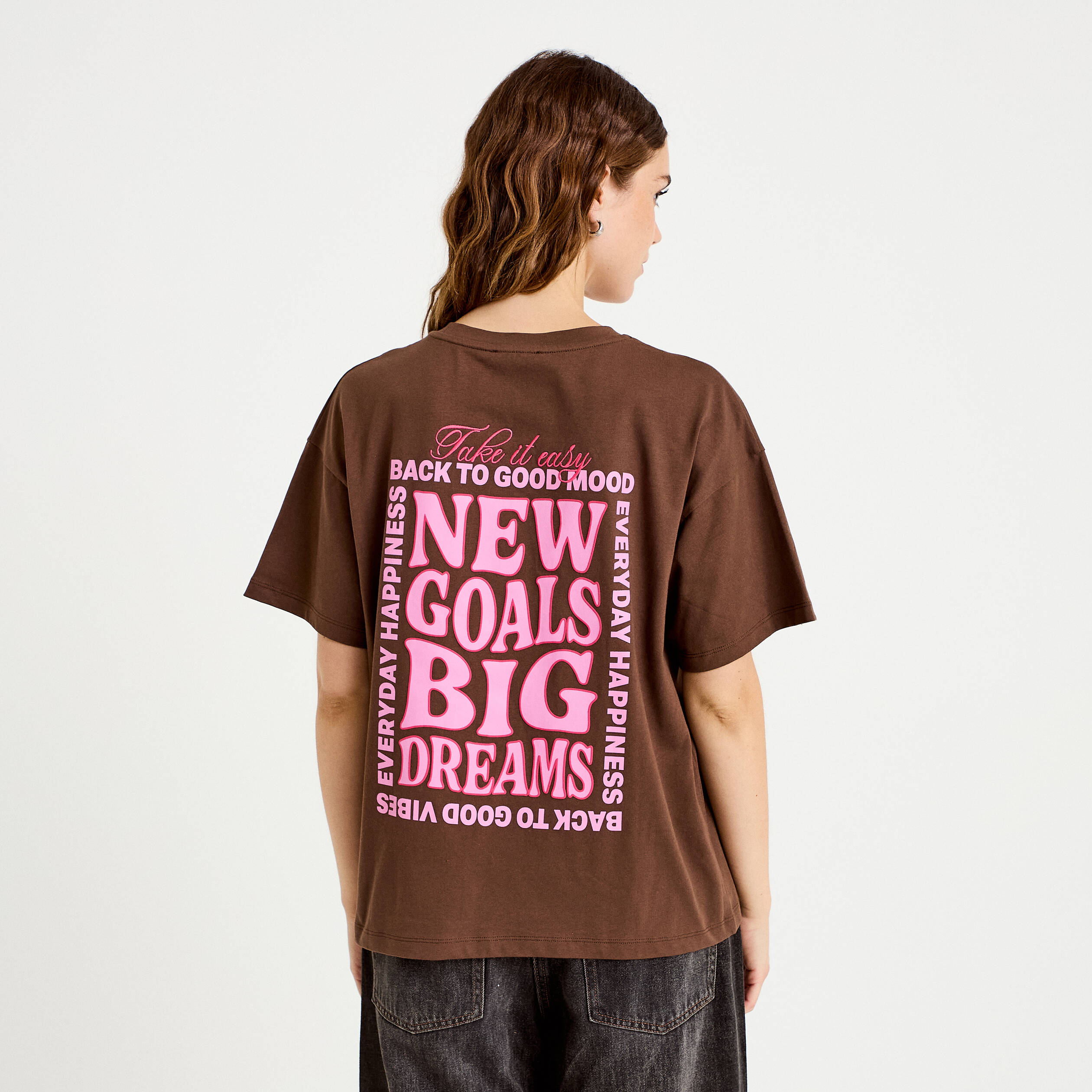 T-shirt oversize manches courtes marron fonc&eacute; femme