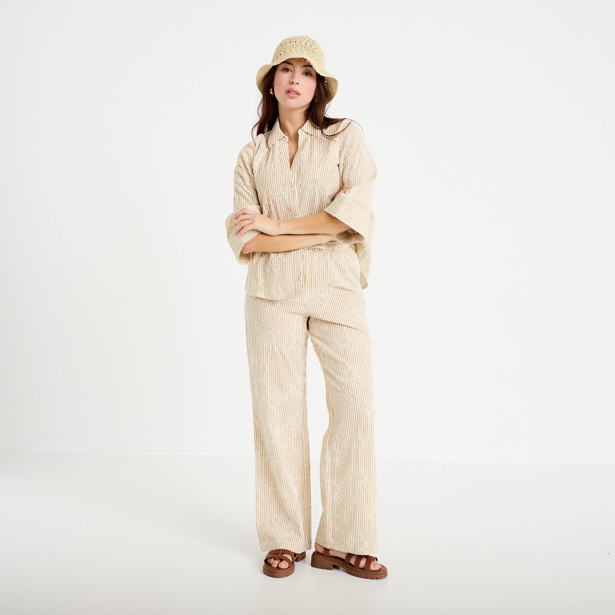 Pantalon large taille standard beige moyen femme