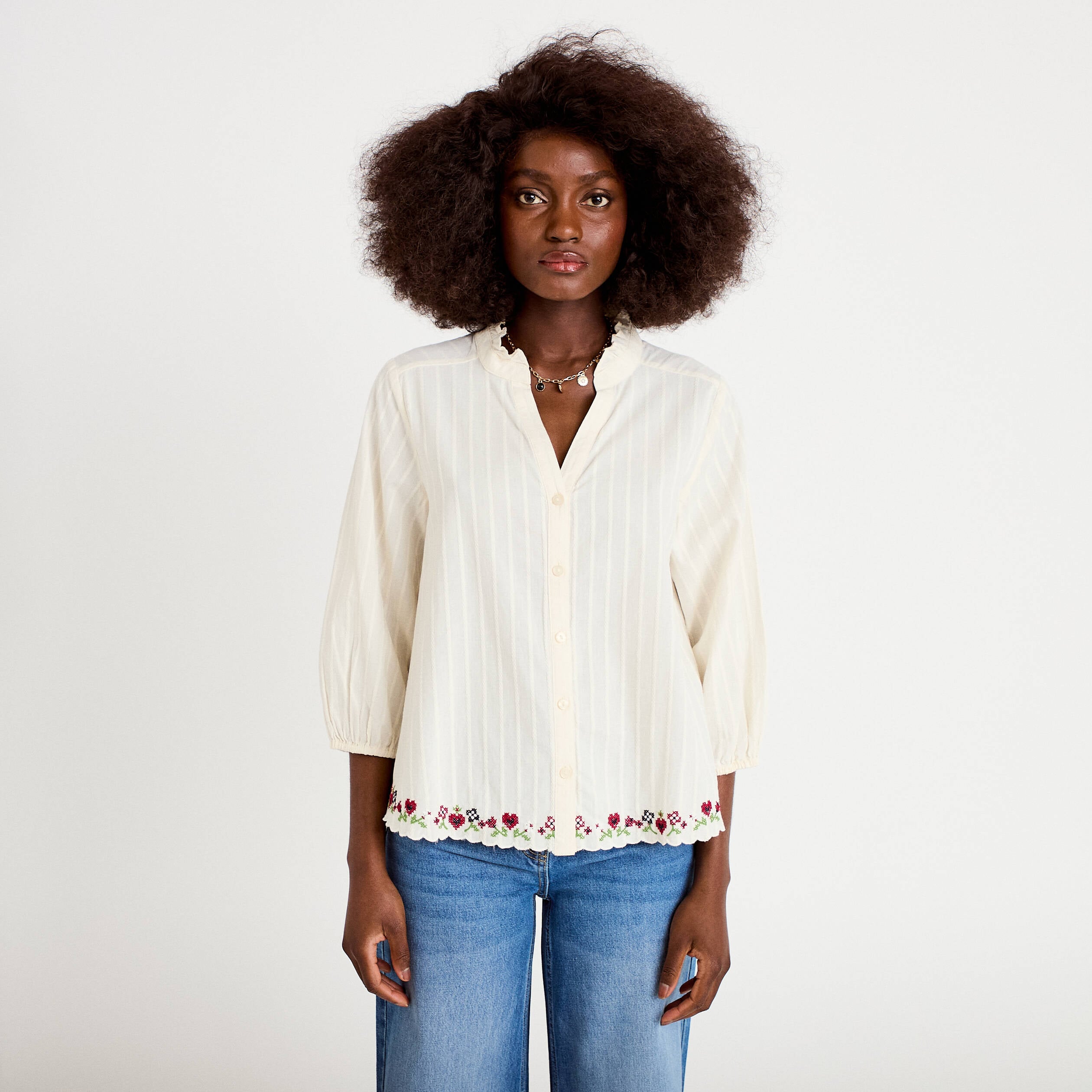Blouse broderie col v manches 3/4 ecru femme