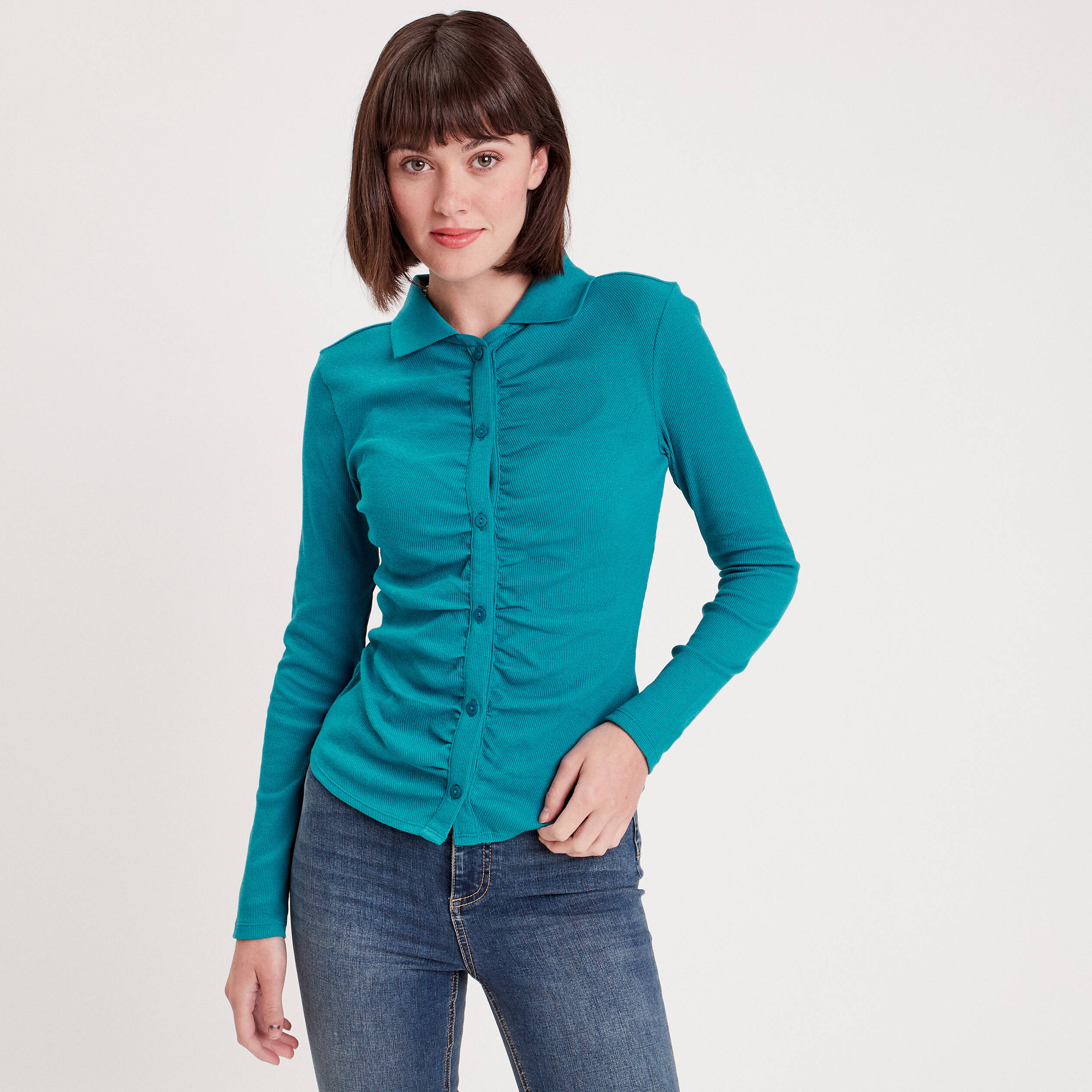 t shirt cotele avec fronces bleu femme T-shirt côtelé avec fronces bleu femme
