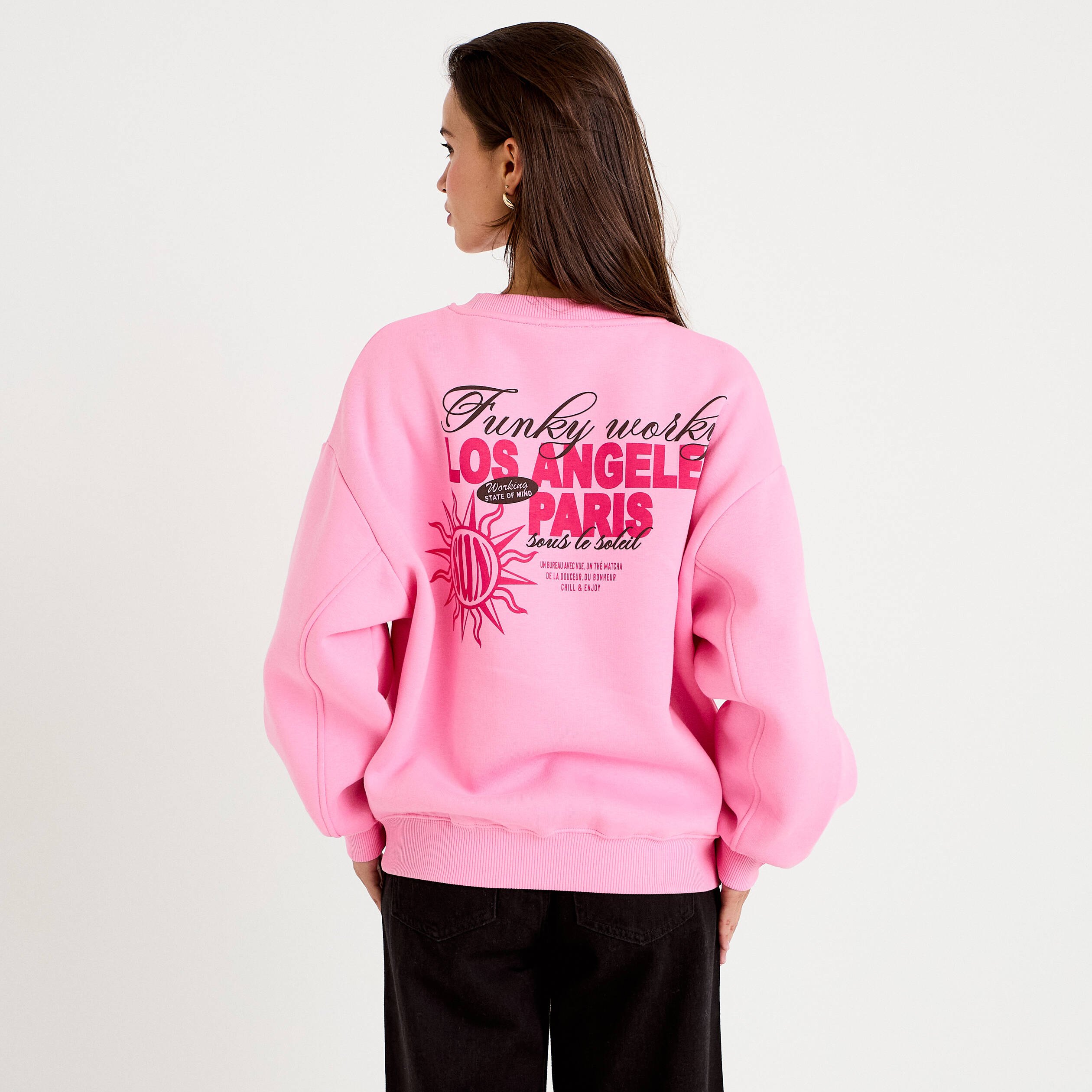 Sweat col rond manches longues rose femme