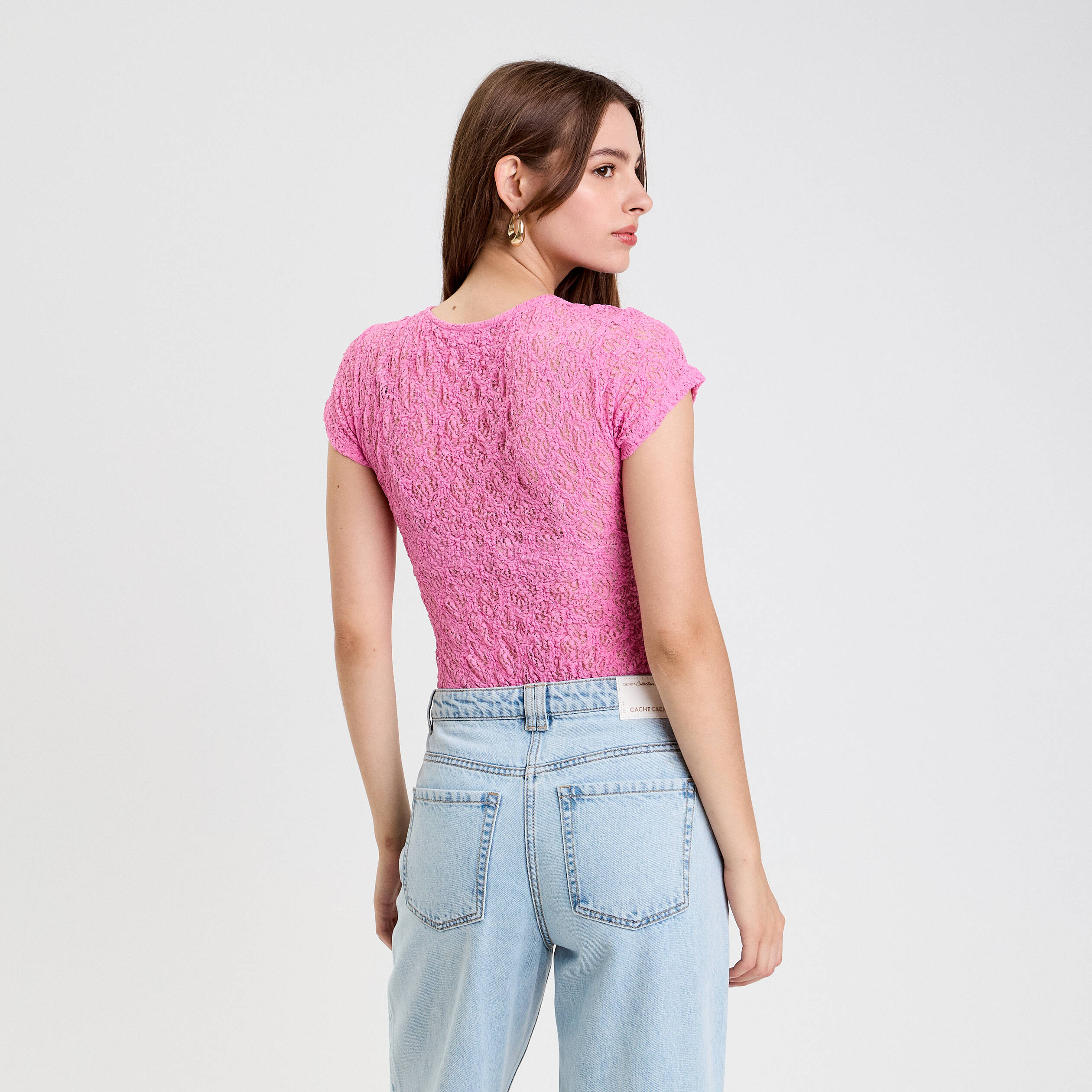 Body ajusté manches courtes dentelle rose femme