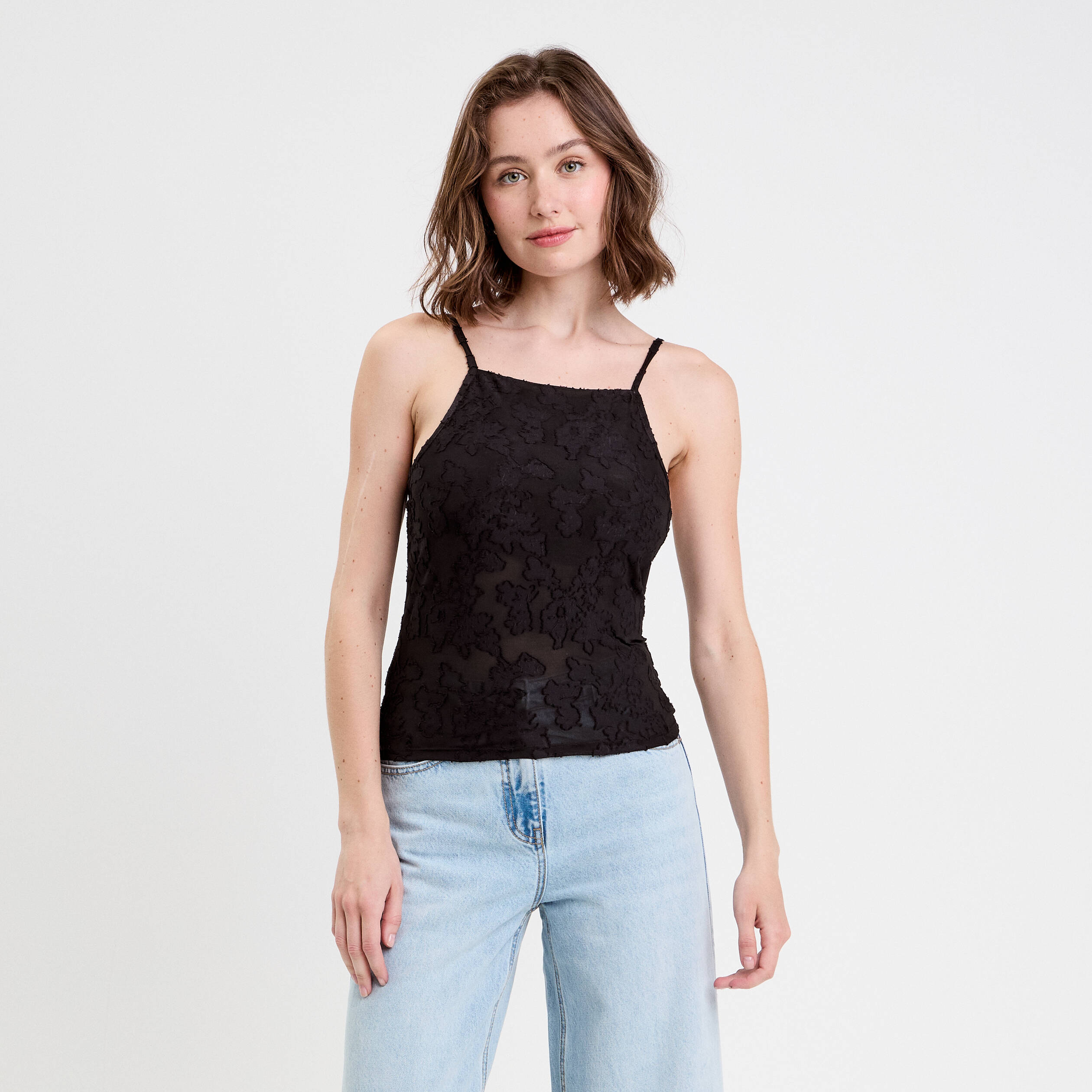 debardeur ajuste cropped col montant noir femme Débardeur ajusté cropped col montant noir femme