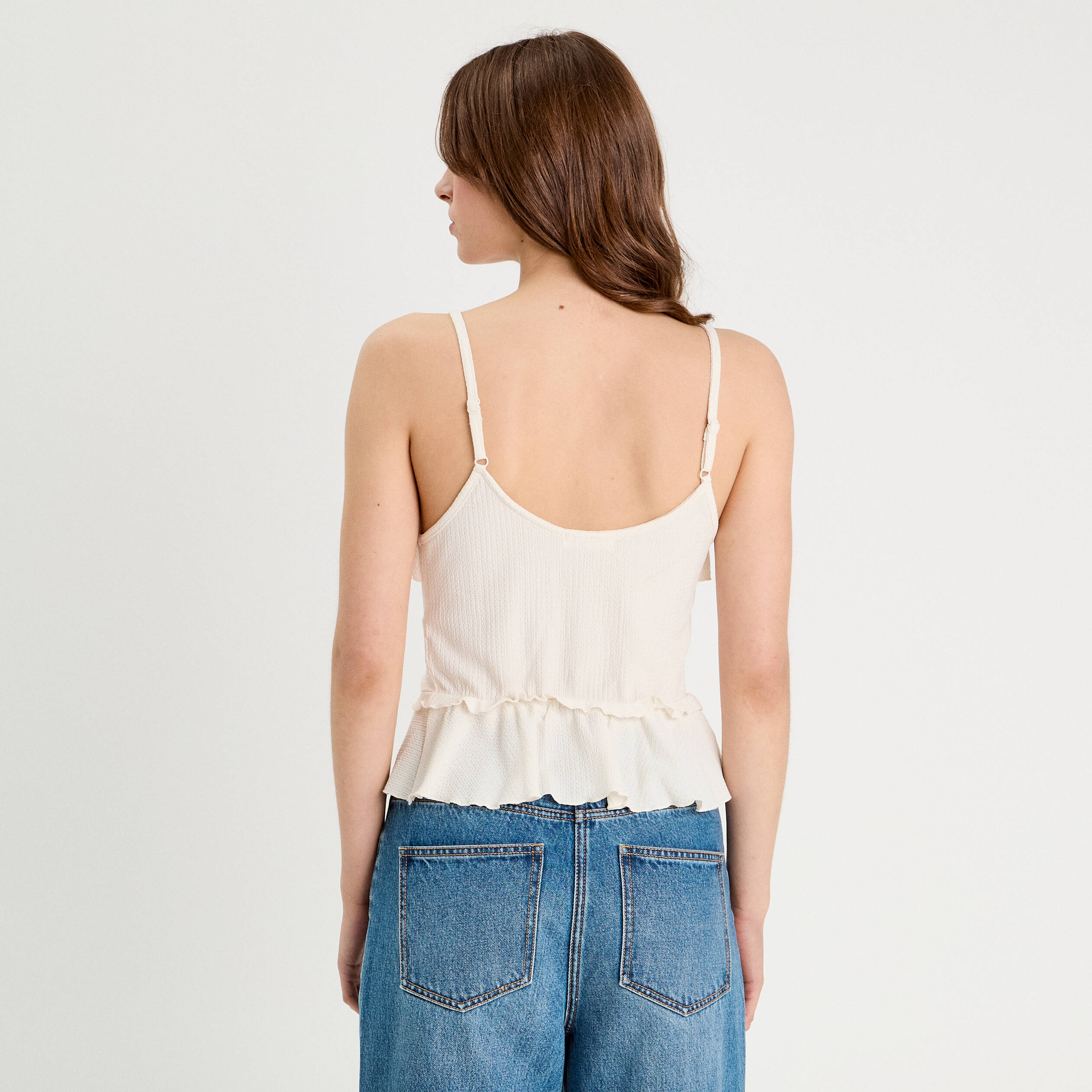debardeur cropped volants ecru femme Débardeur cropped volants ecru femme