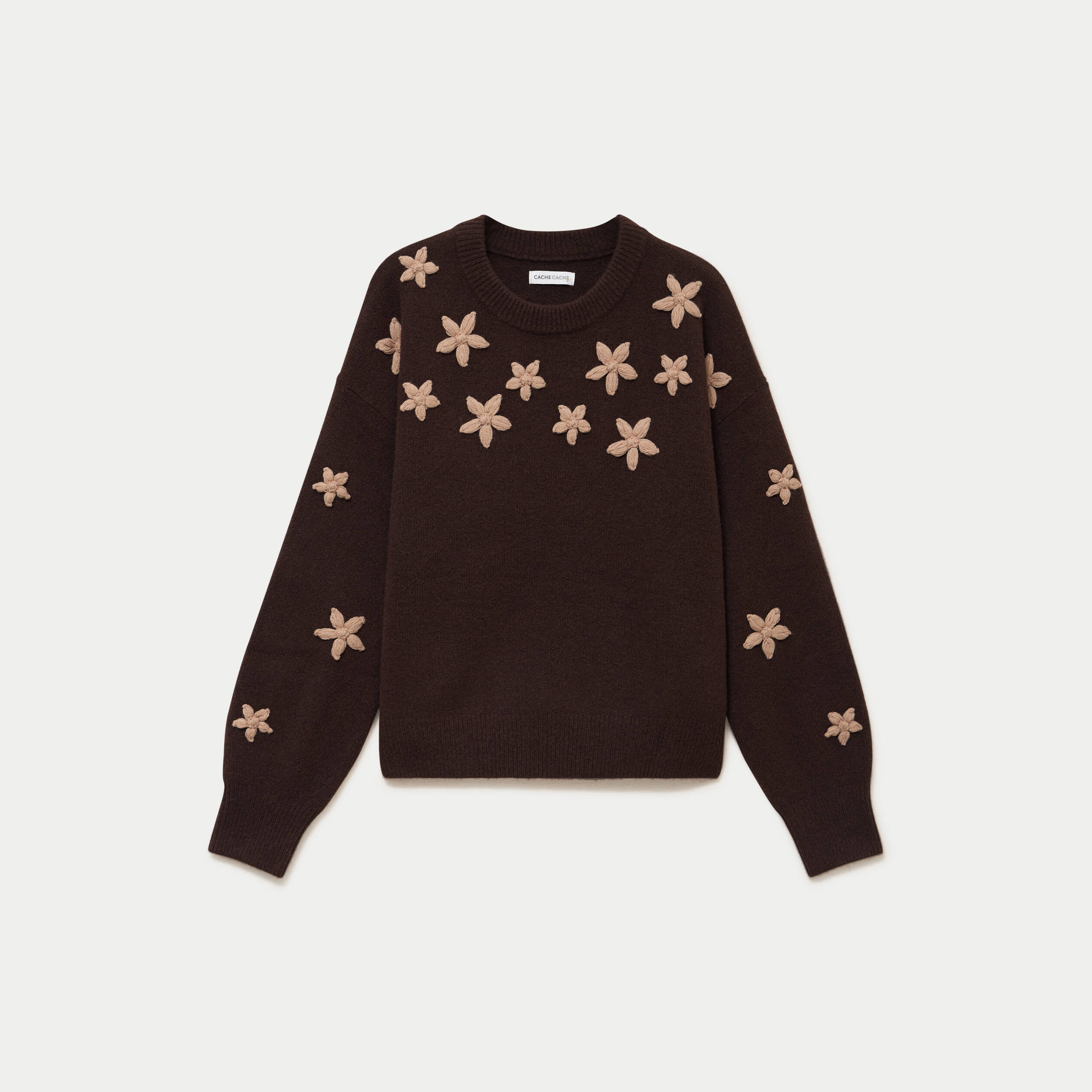 Pull oversize brod&eacute; manches longues marron fonc&eacute; femme