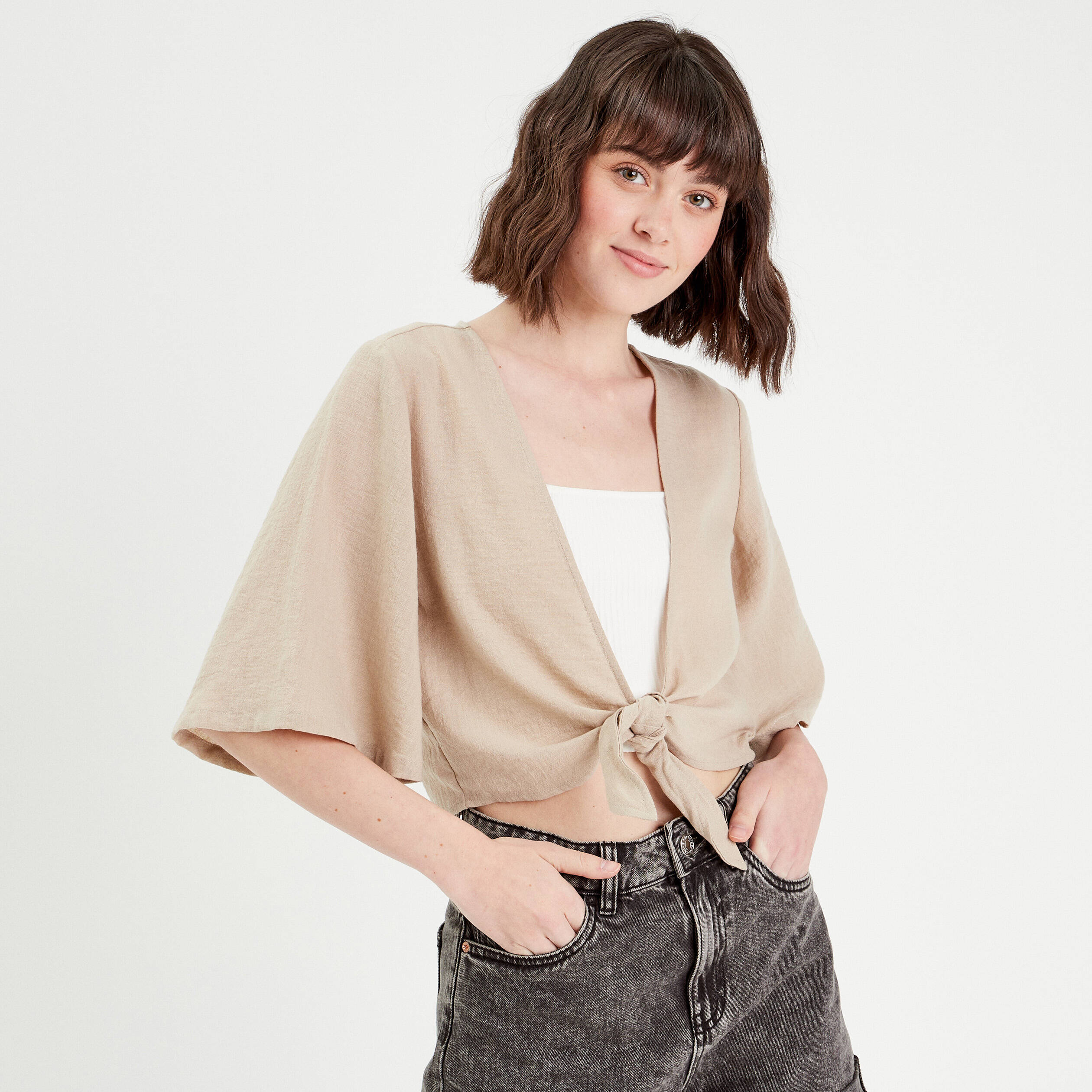 Blouse manches 3/4 nou&eacute;e beige femme