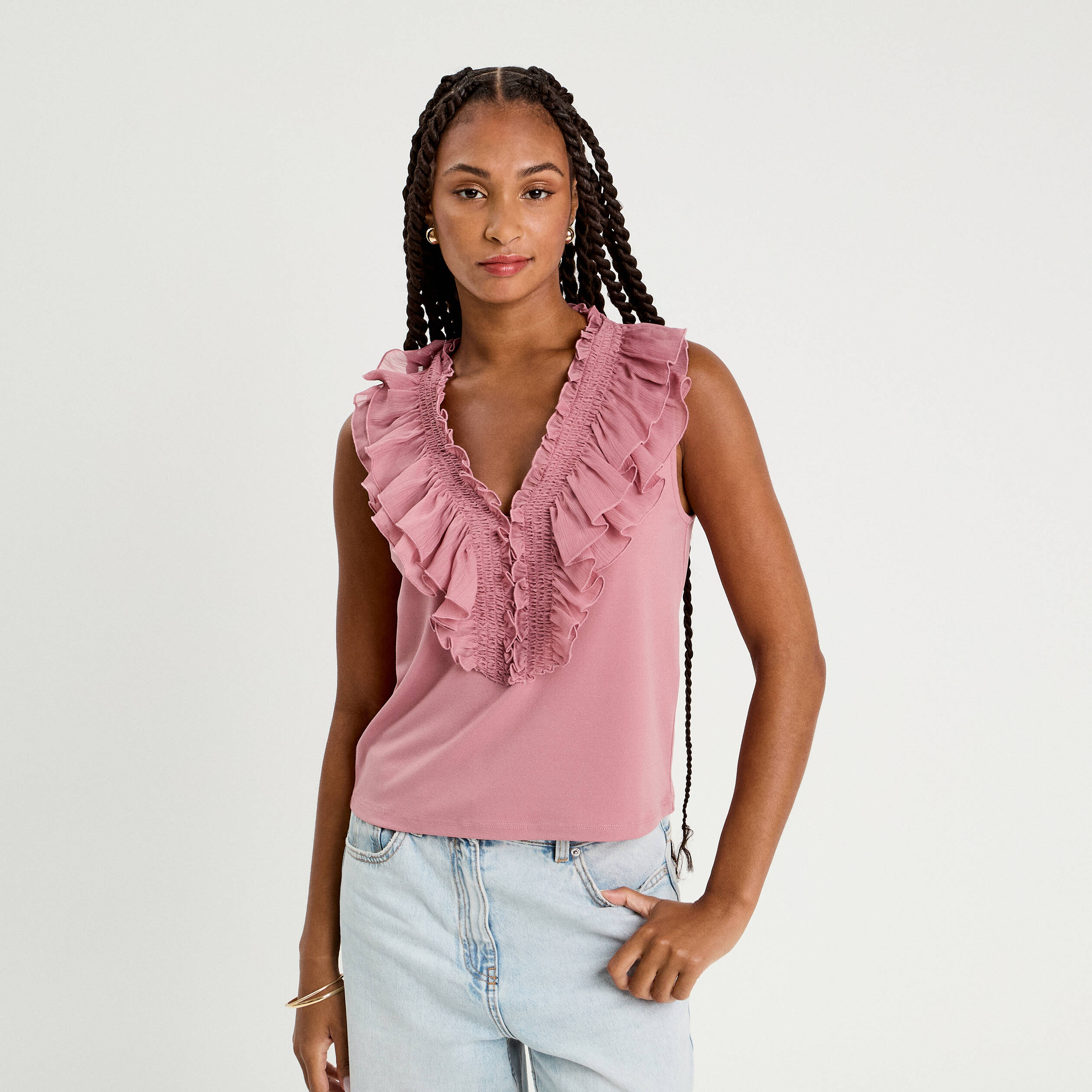 debardeur sans manches volants vieux rose femme Débardeur sans manches volants vieux rose femme