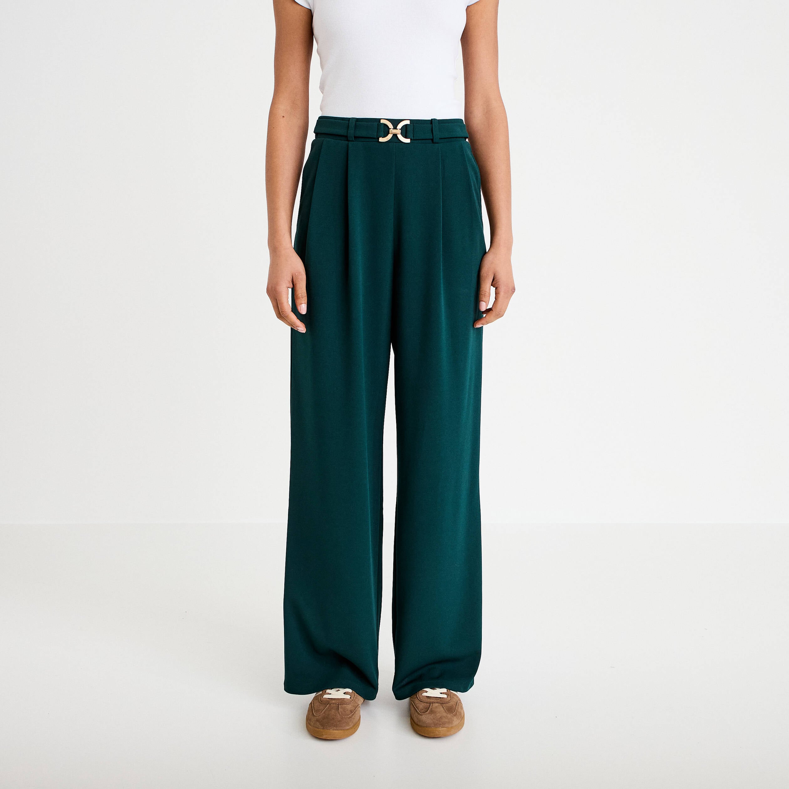 Pantalon large ceinture bijou vert fonc&eacute; femme