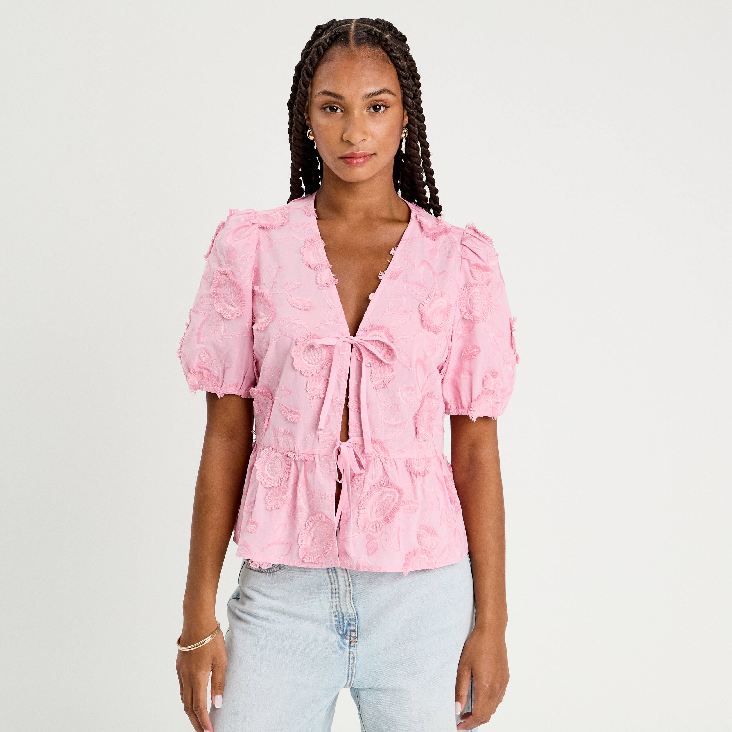 blouse manches courtes noeuds rose poudree femme Blouse manches courtes noeuds rose poudrée femme