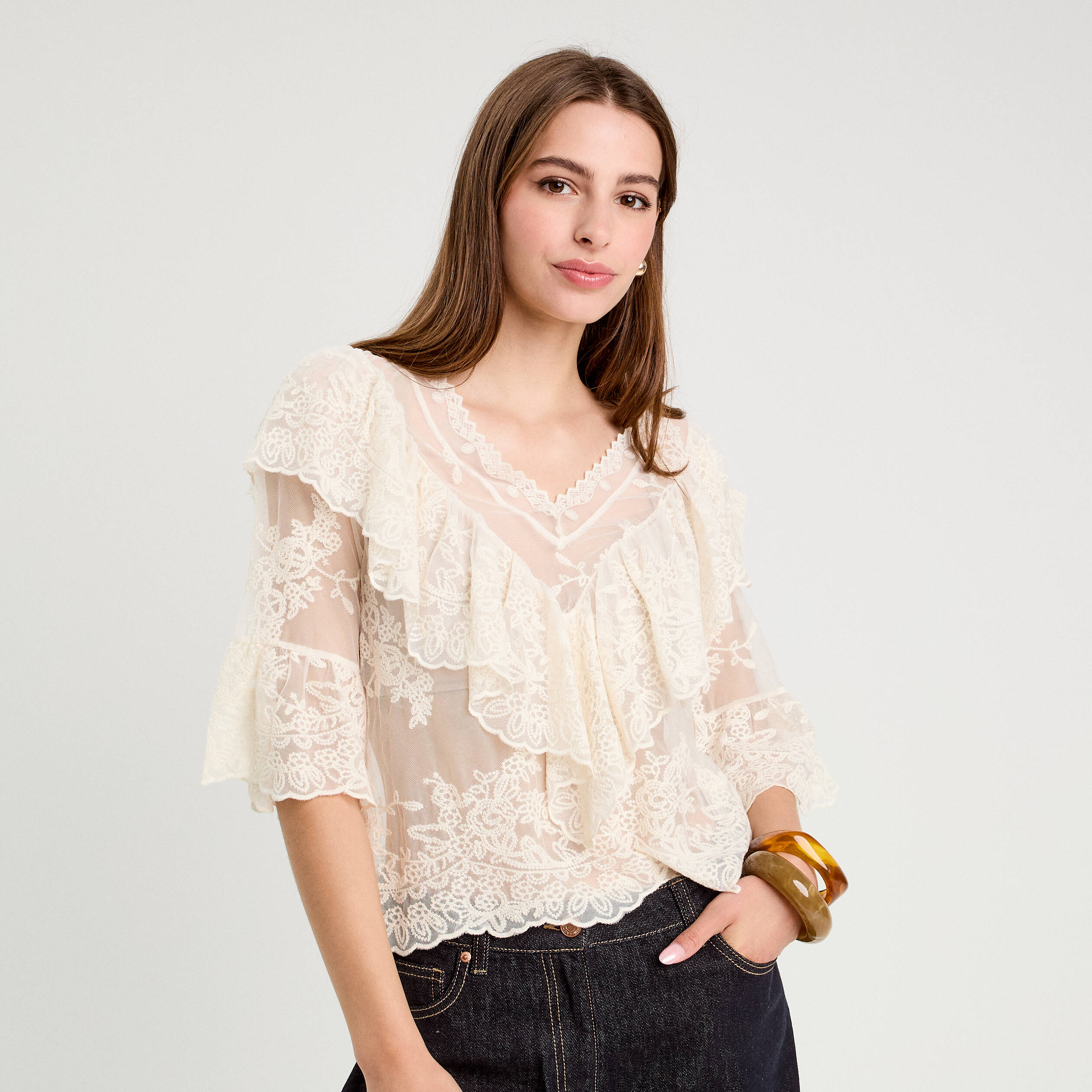 blouse manches 34 dentelle ecru femme Blouse manches 3/4 dentelle ecru femme