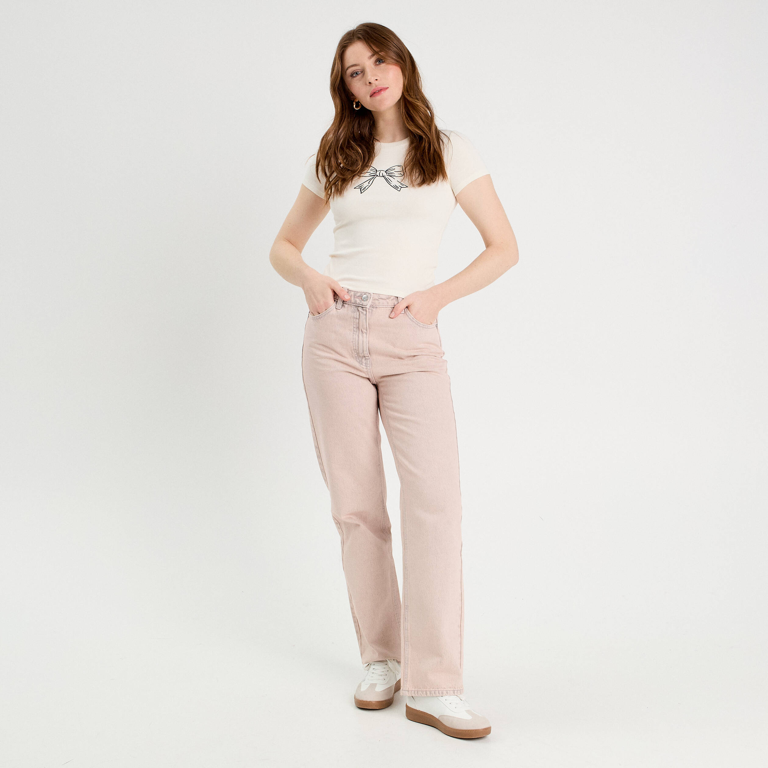Jeans straight taille haute rose clair femme