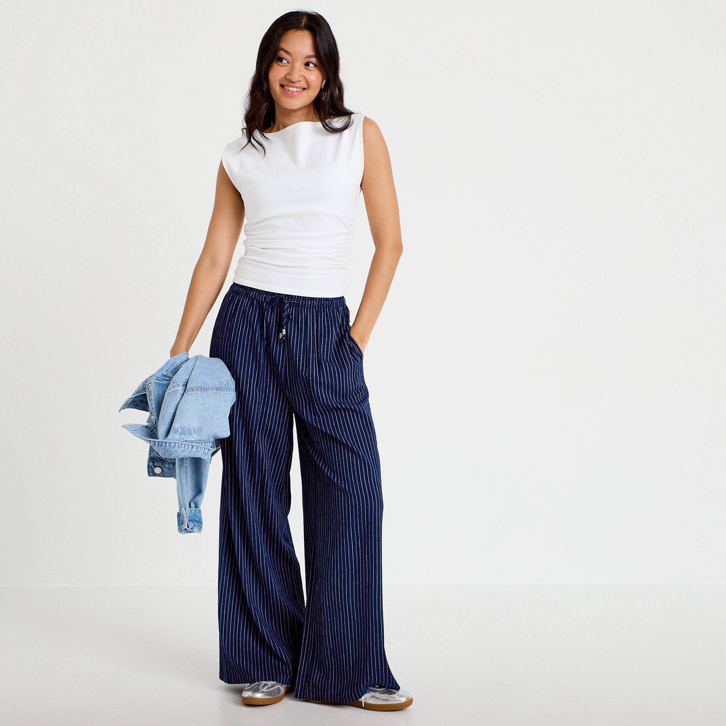 Pantalon large taille standard bleu femme