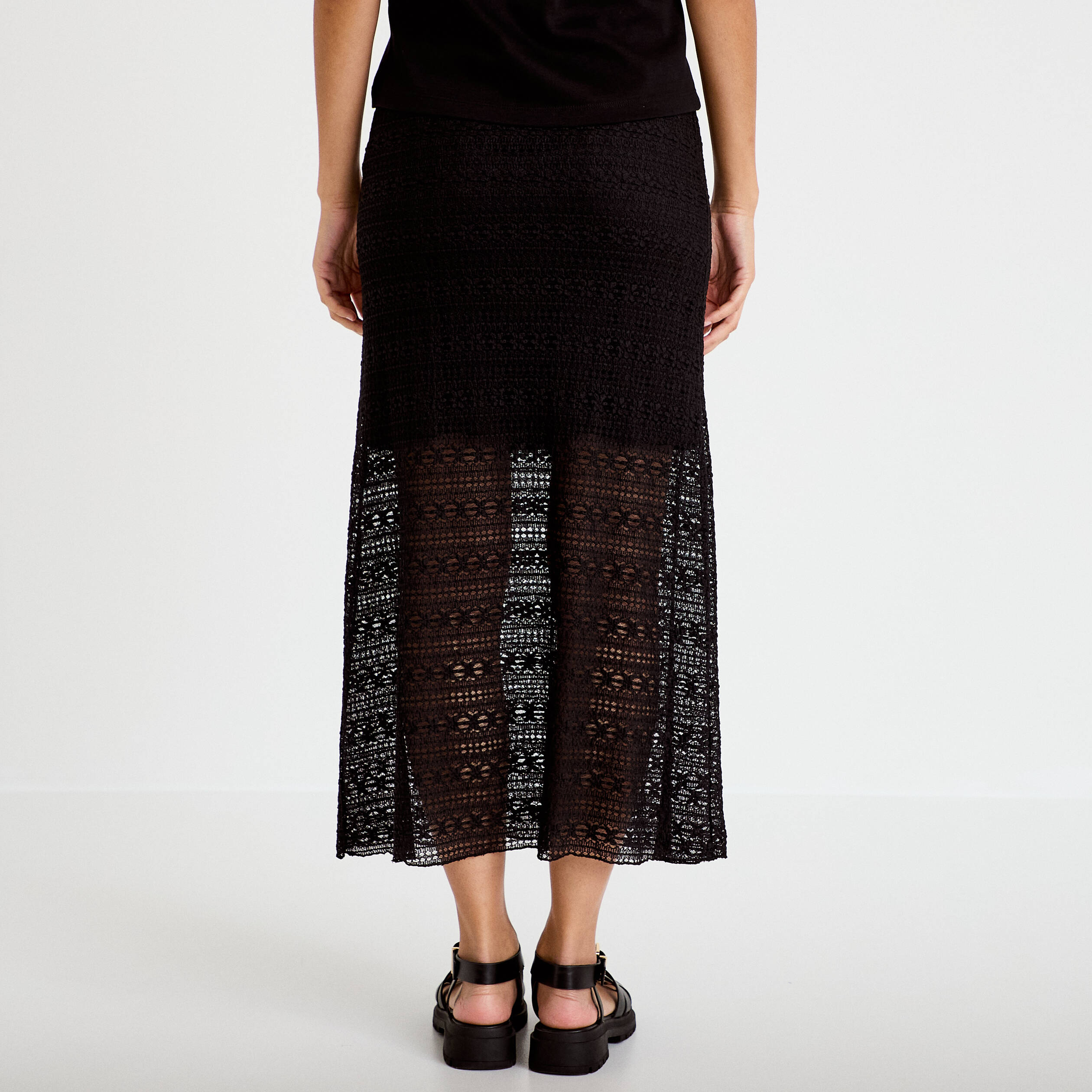 Jupe longue droite en dentelle noir femme