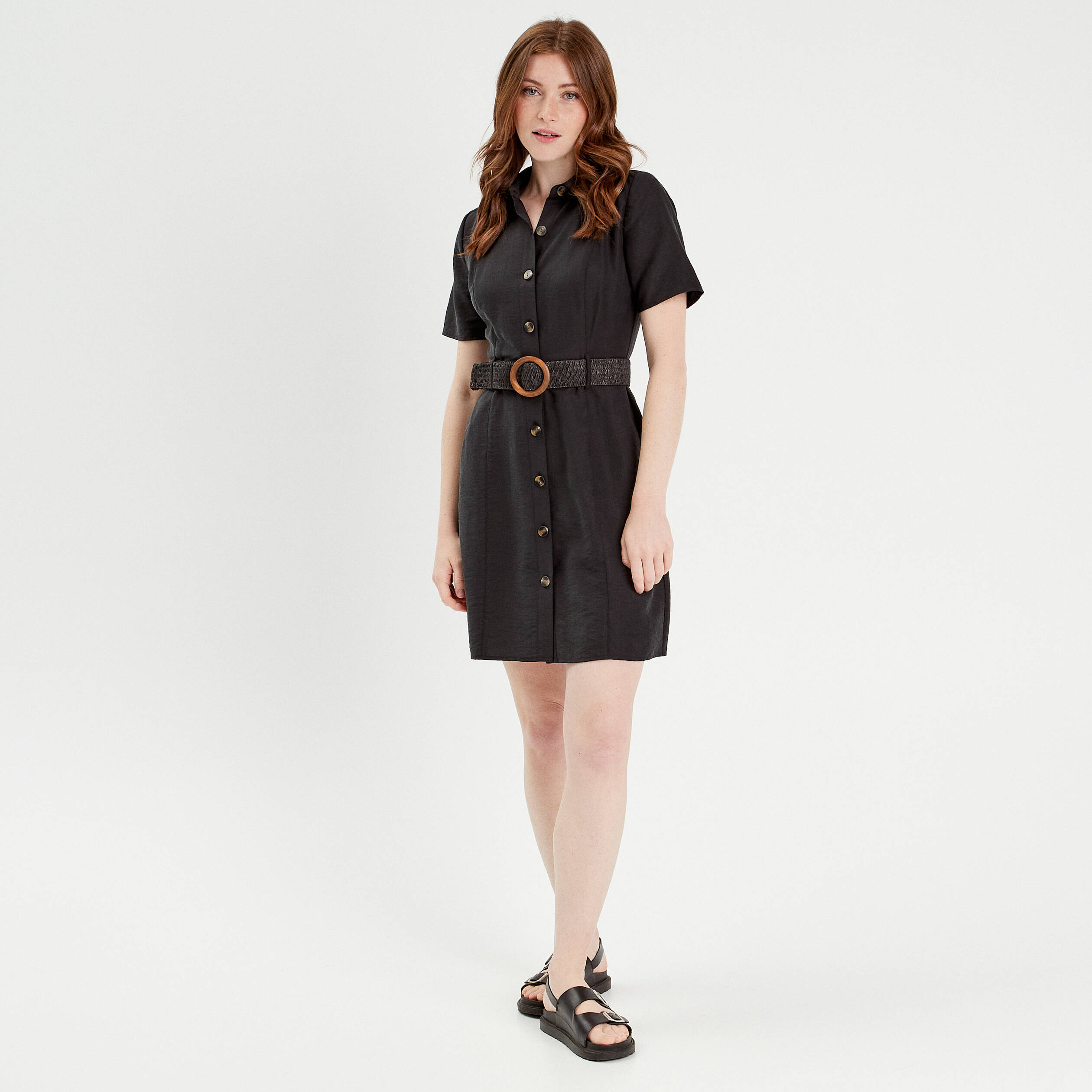 Robe trap&egrave;ze ceintur&eacute;e noir femme