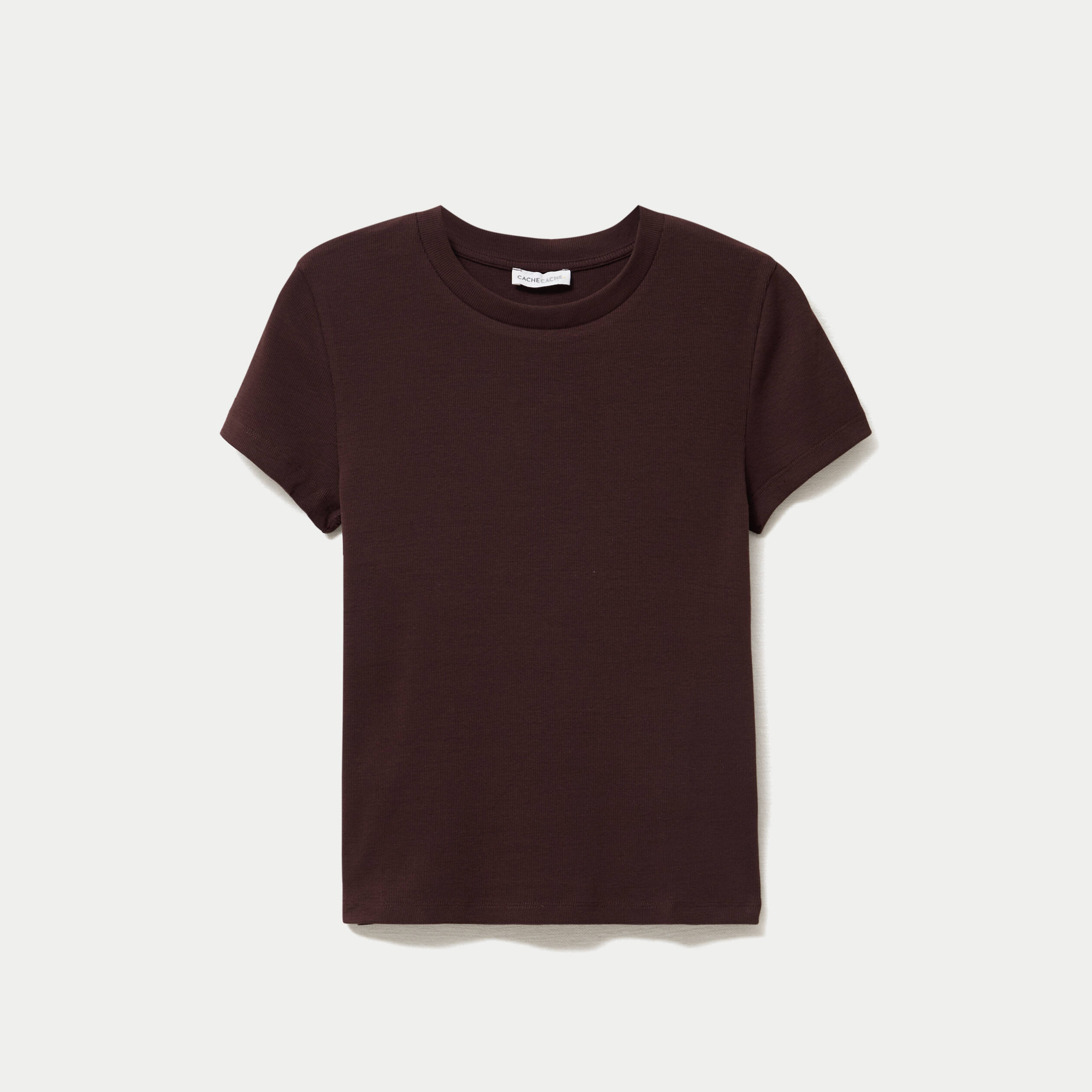 T-shirt c&ocirc;tel&eacute; ajust&eacute; manches courtes marron fonc&eacute; femme