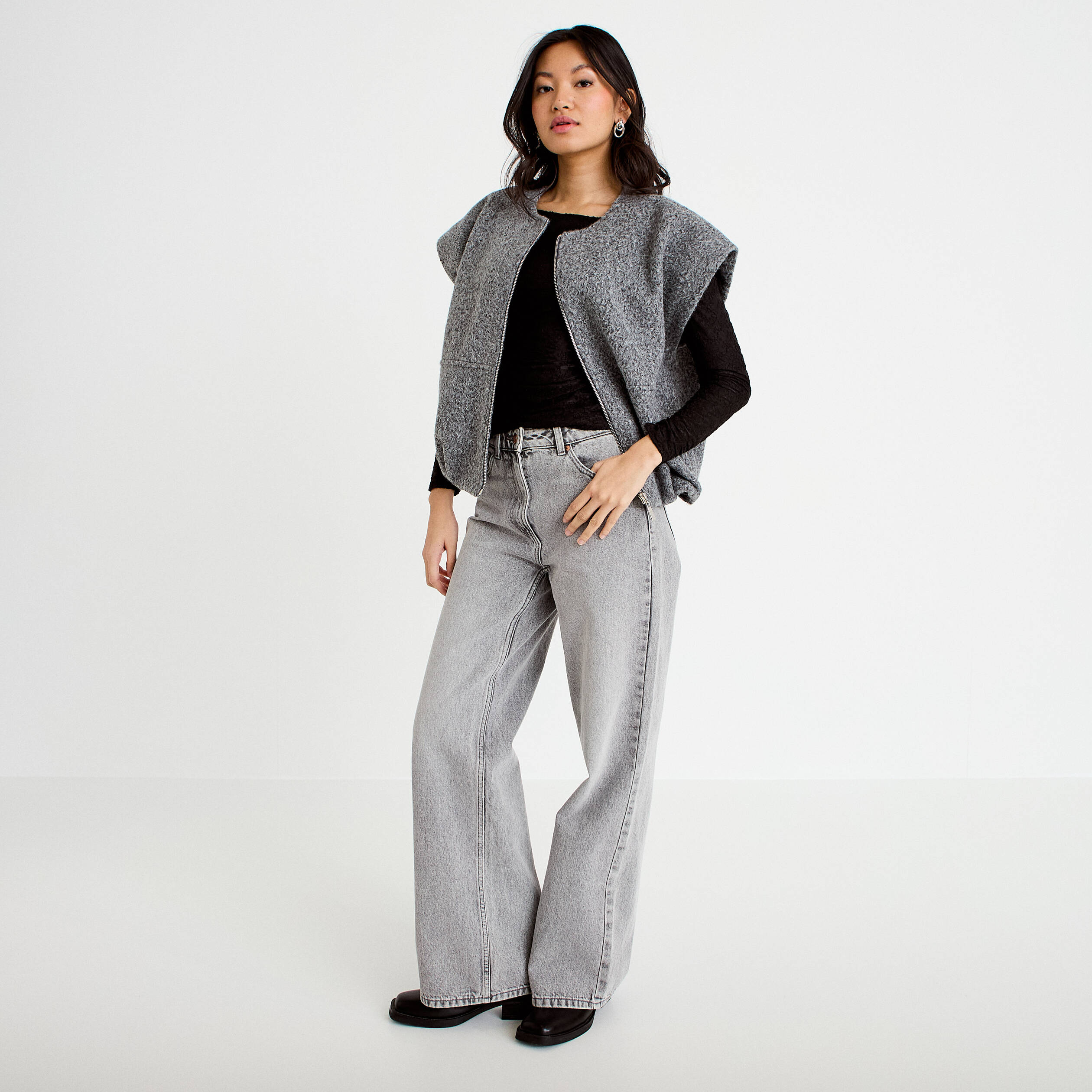 Gilet oversize sans manches col rond gris clair femme