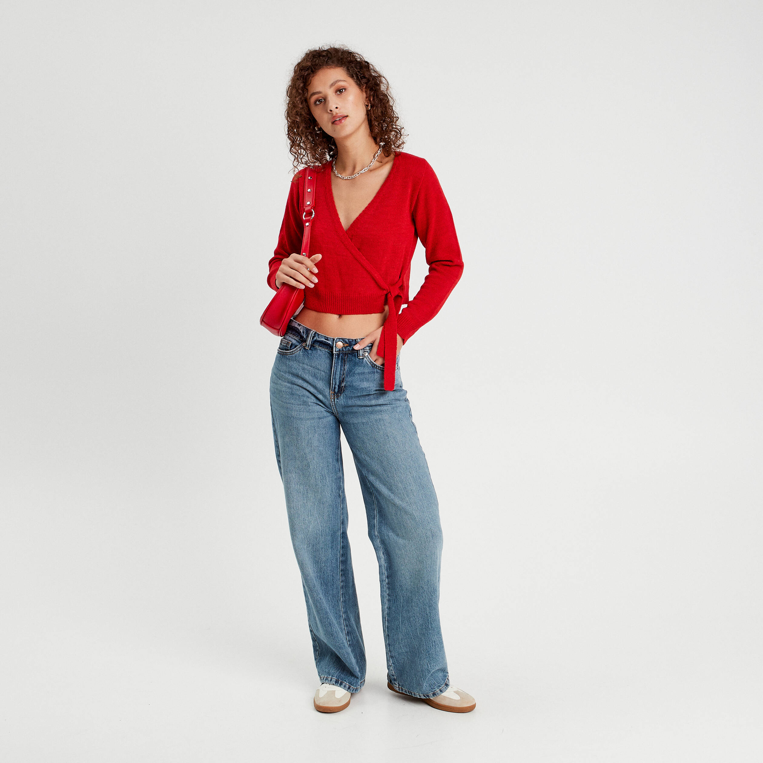 Gilet col cache-coeur nou&eacute; rouge femme