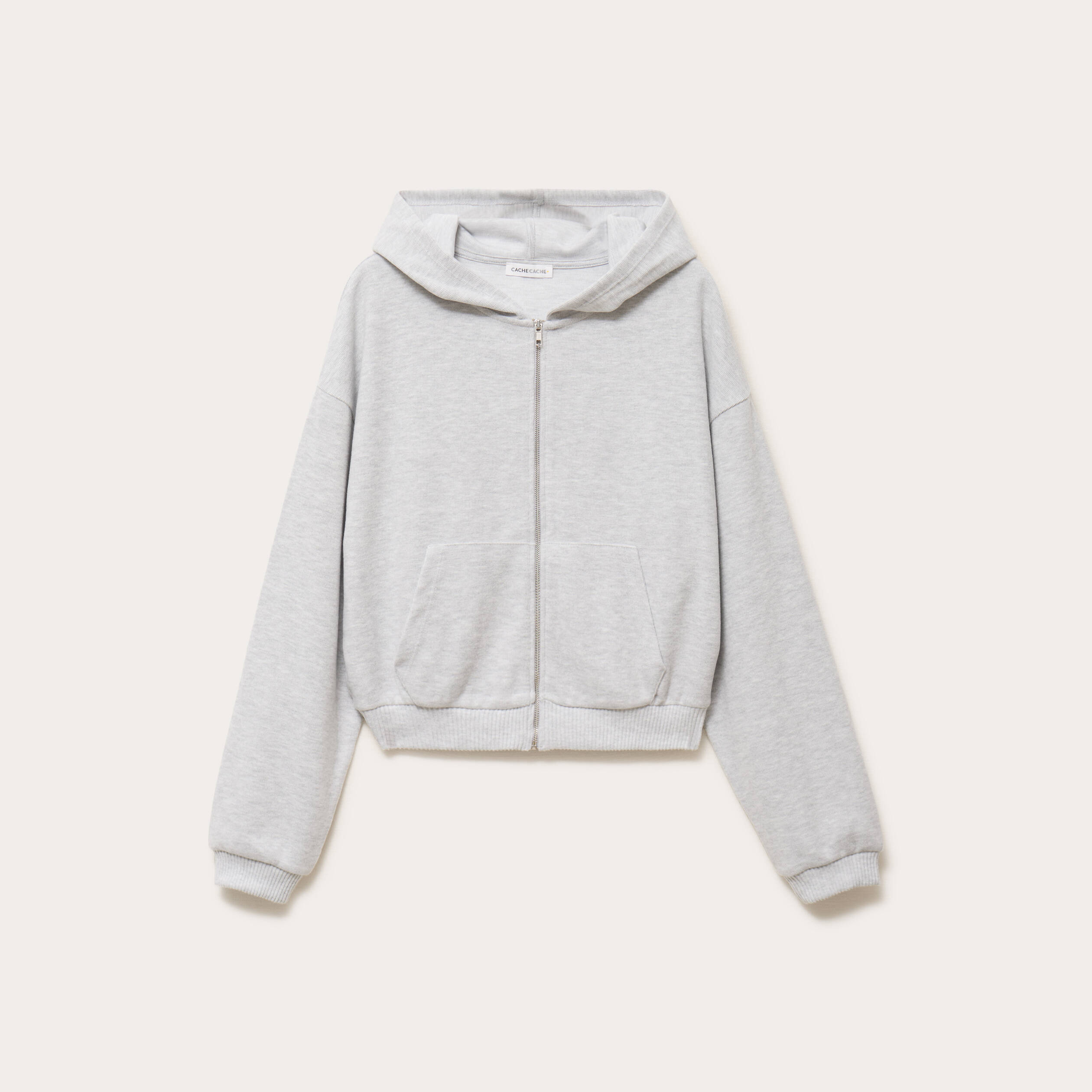 Sweat &agrave; capuche manches longues gris clair femme