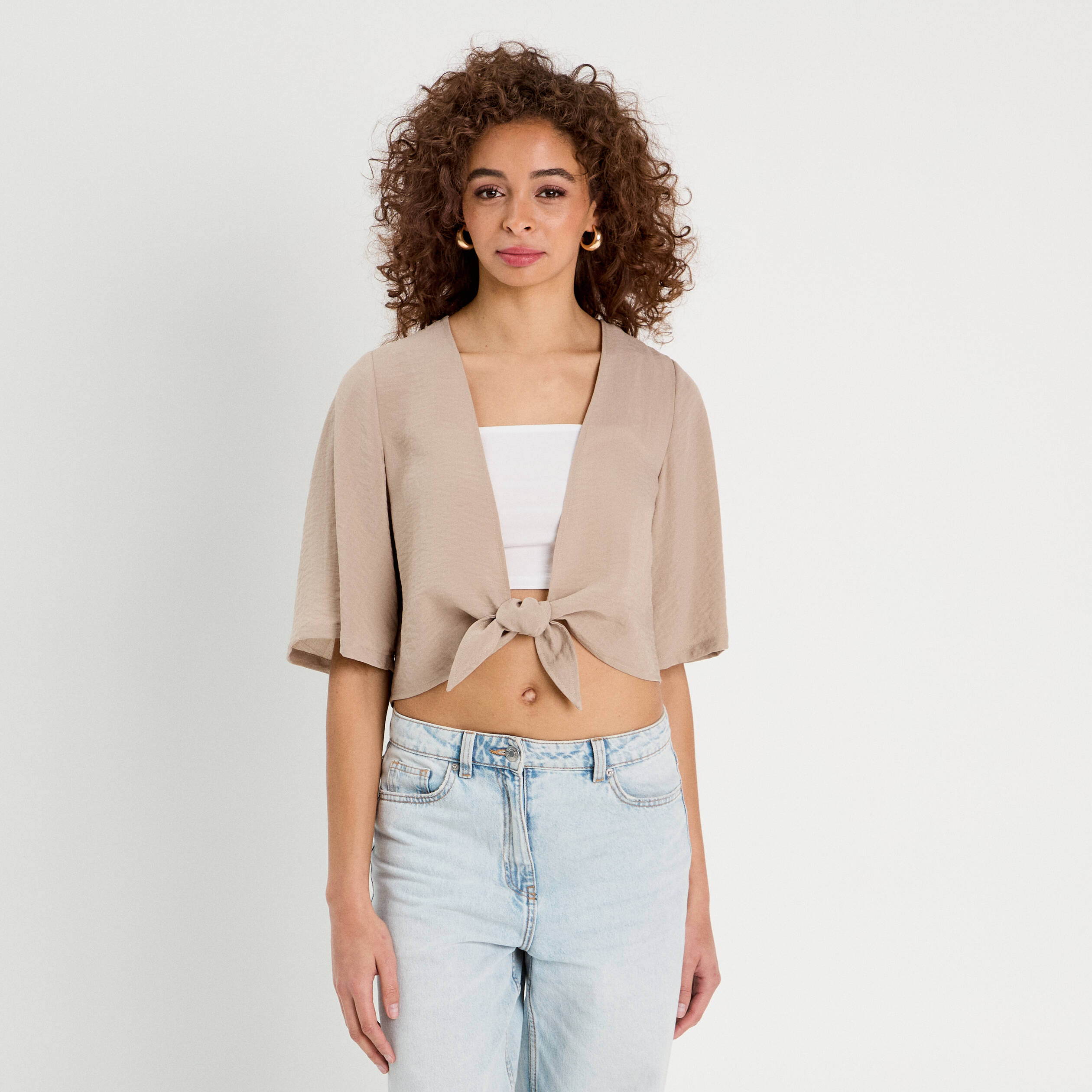 Blouse nou&eacute;e cropped beige femme