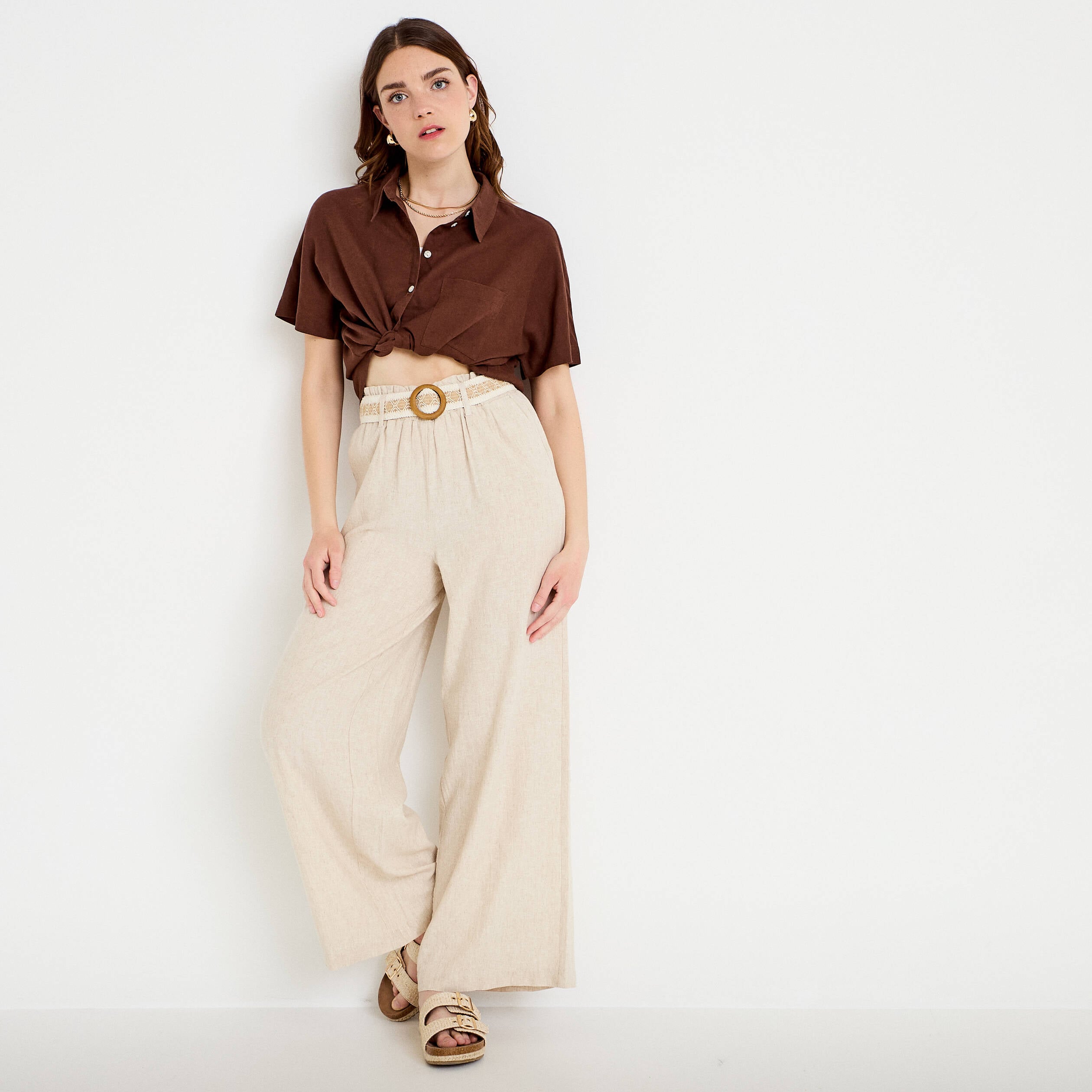 Pantalon large avec ceinture amovible beige femme